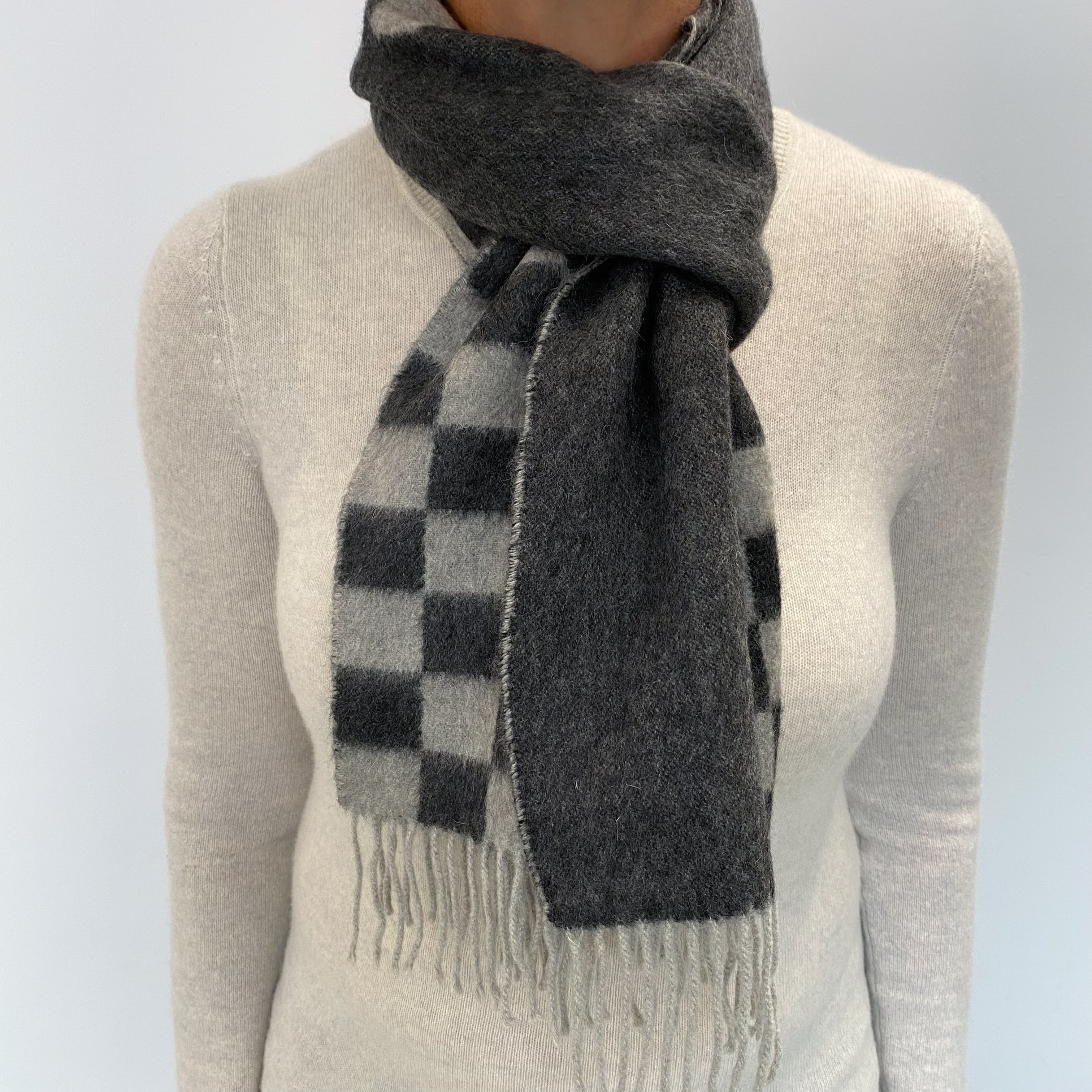 Dark Grey Checked Cashmere Woven Fringed Scarf