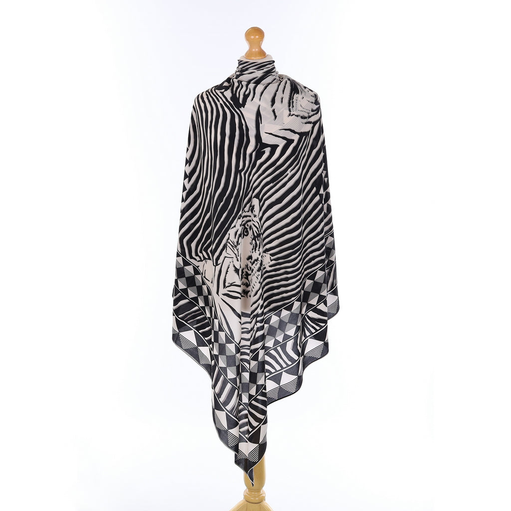 Black And White Tiger Pattern Silk Scarf