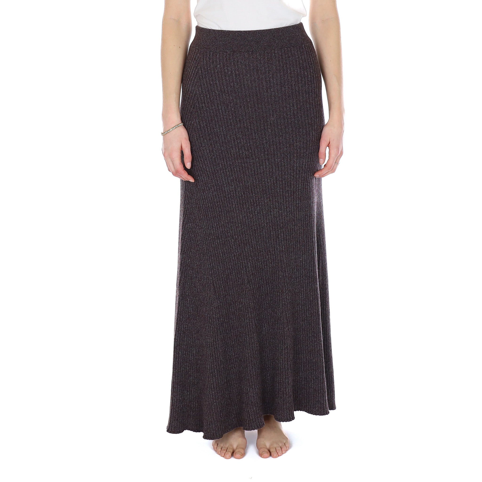 Brand New Scottish Aubergine Marl Rib Cashmere Long A Line Skirt Small