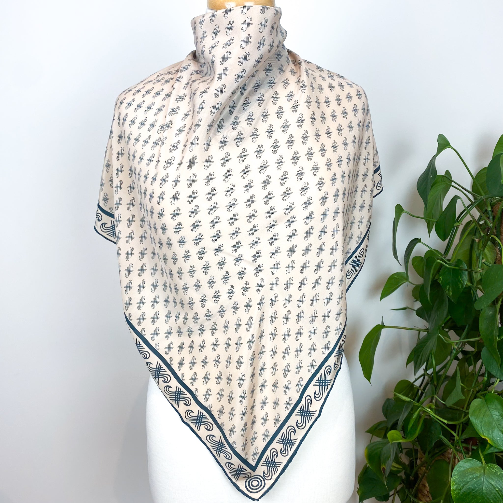 1970s Teal and Taupe Jaeger Vintage Silk Scarf