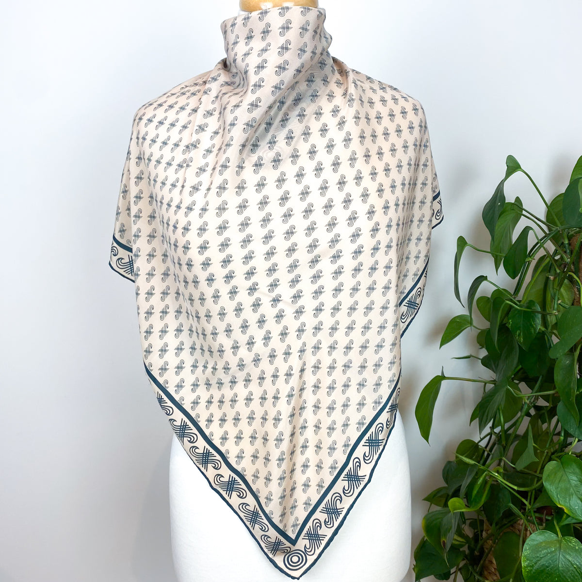 1970s Teal and Taupe Jaeger Vintage Silk Scarf