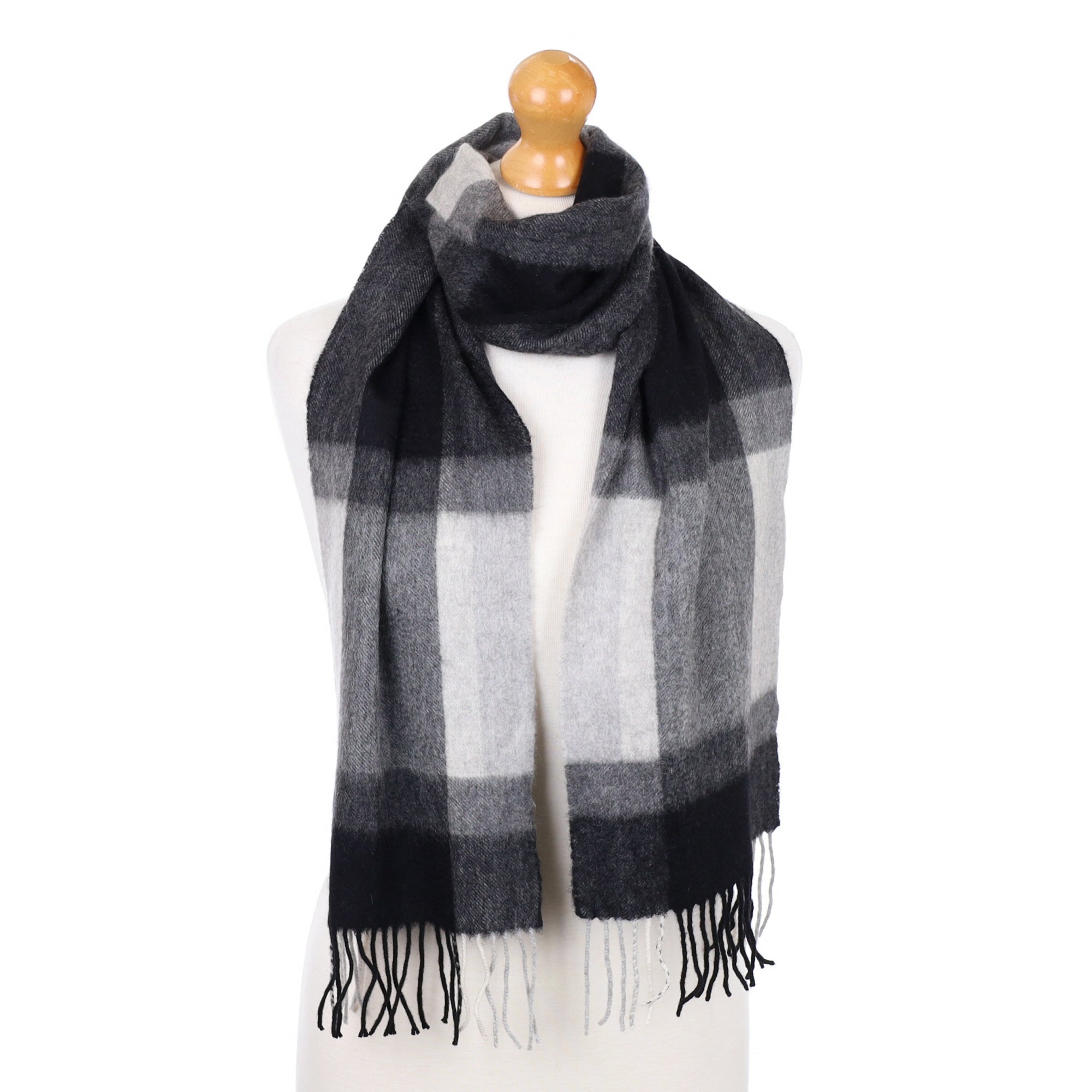 Black and Grey Checked Fringed Cashmere Woven Scarf