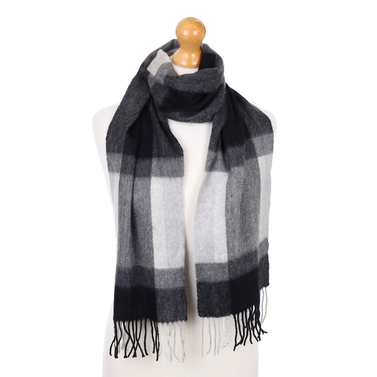 Black and Grey Checked Fringed Cashmere Woven Scarf