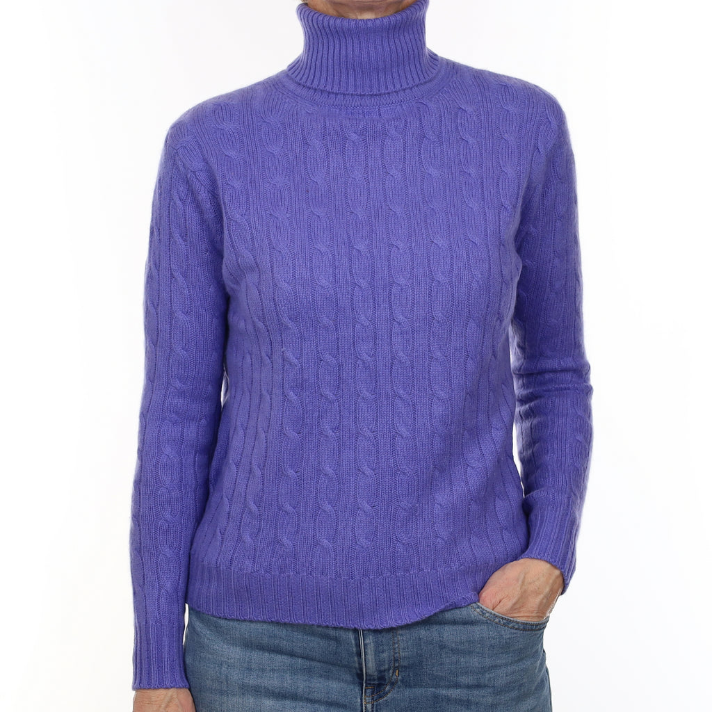Bluebell Purple Cable Cashmere Polo Neck Cardigan Small
