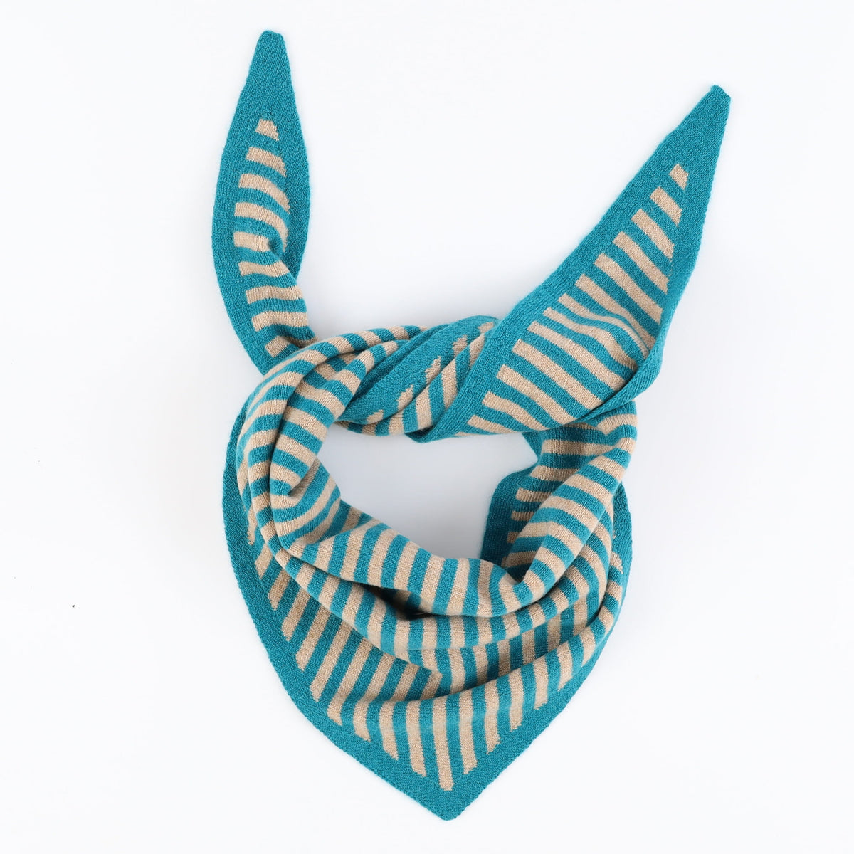 Brand New Teal and Caramel Stripe Recycled Cashmere Triangle Scarf
