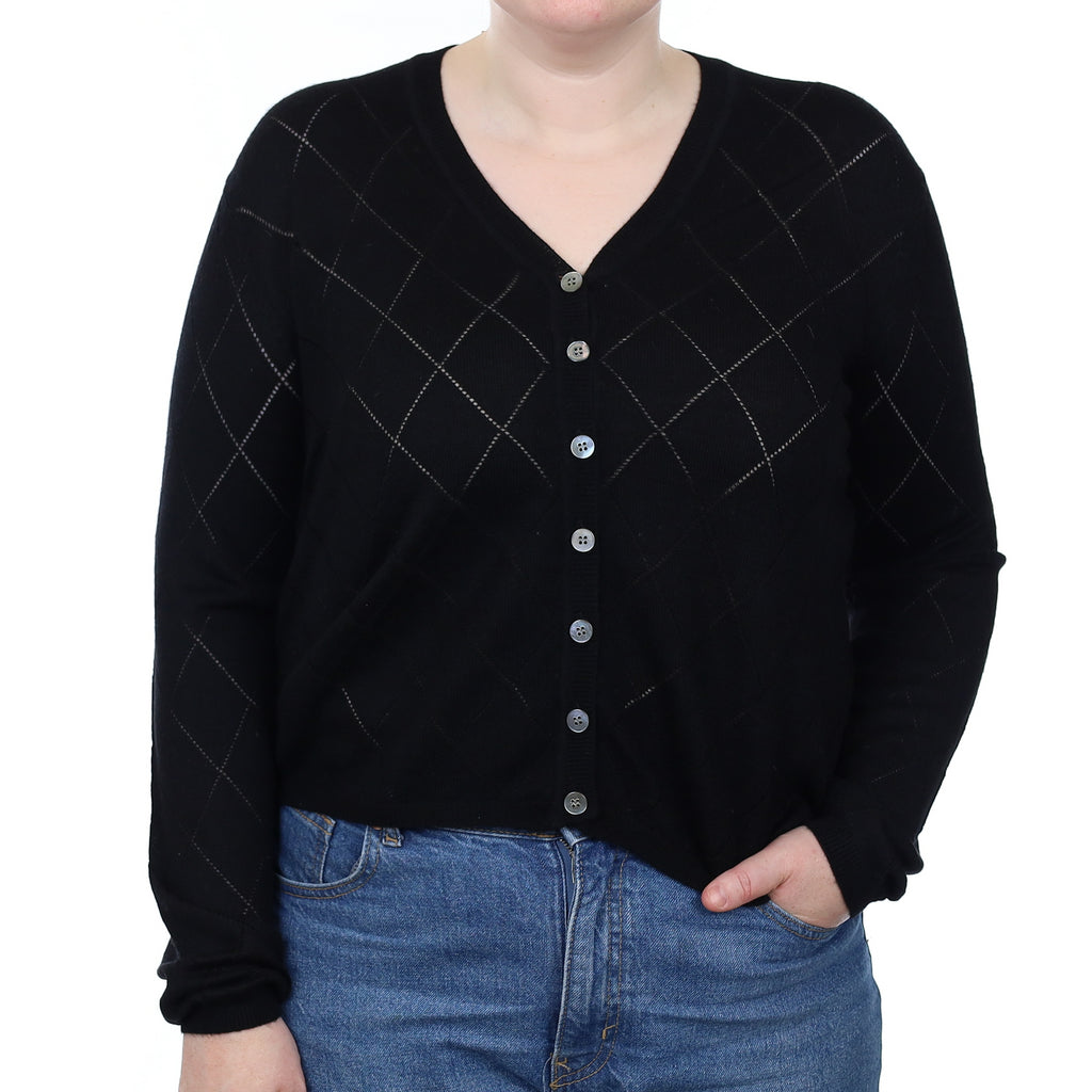 Black Diamond Knit Cashmere V Neck Cardigan Large