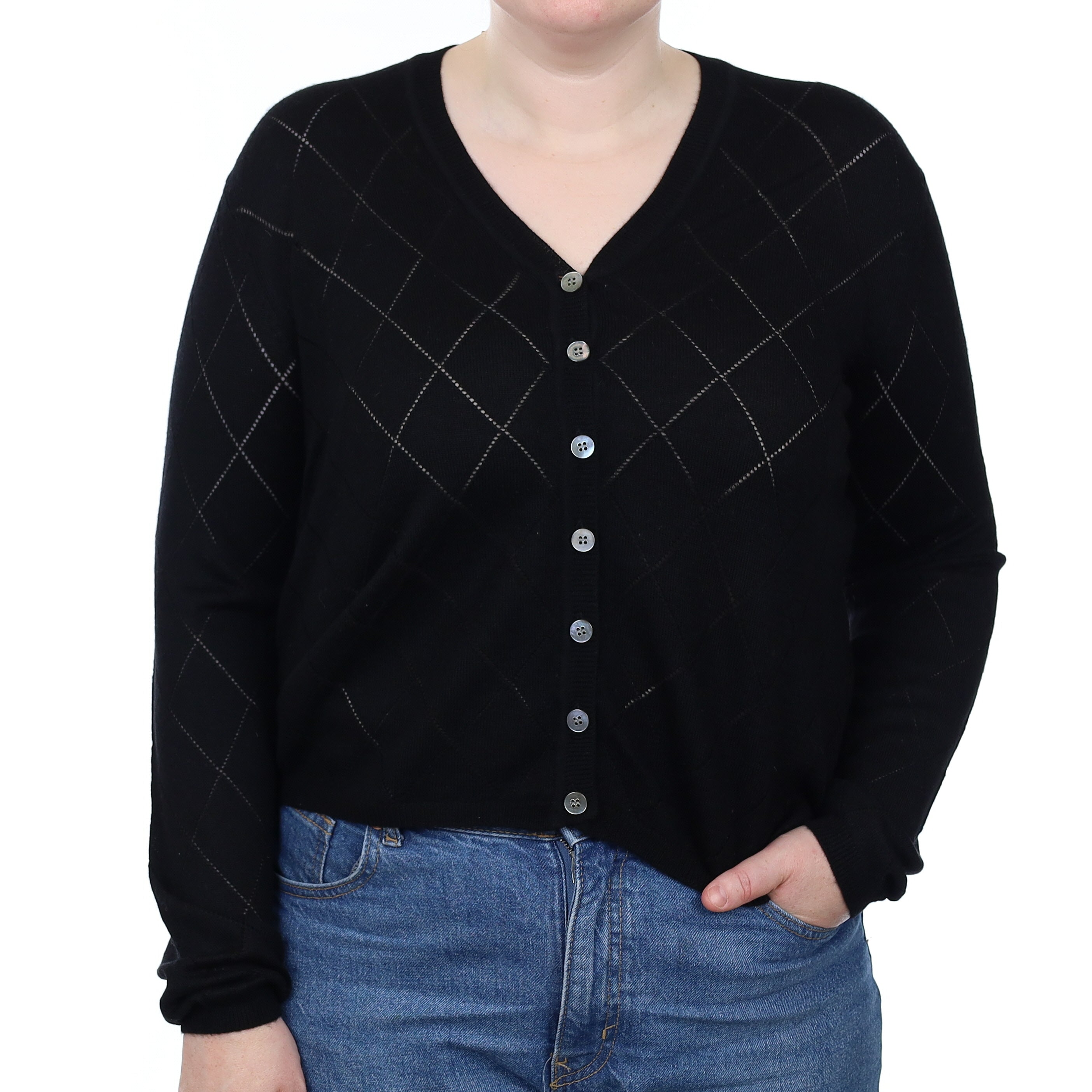 Black Diamond Knit Cashmere V Neck Cardigan Large