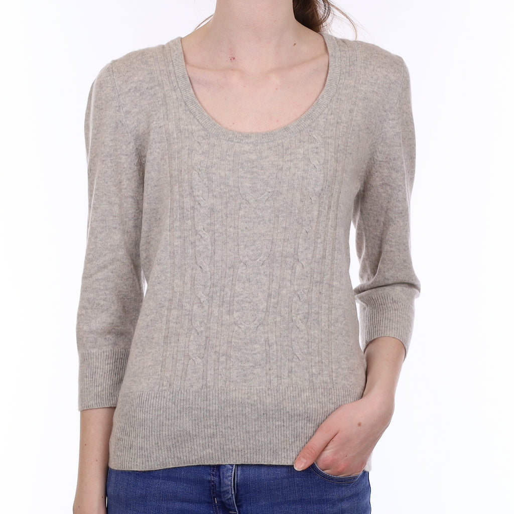 Mist Grey Cable Front Cashmere Scoop Neck Jumper Extra Small