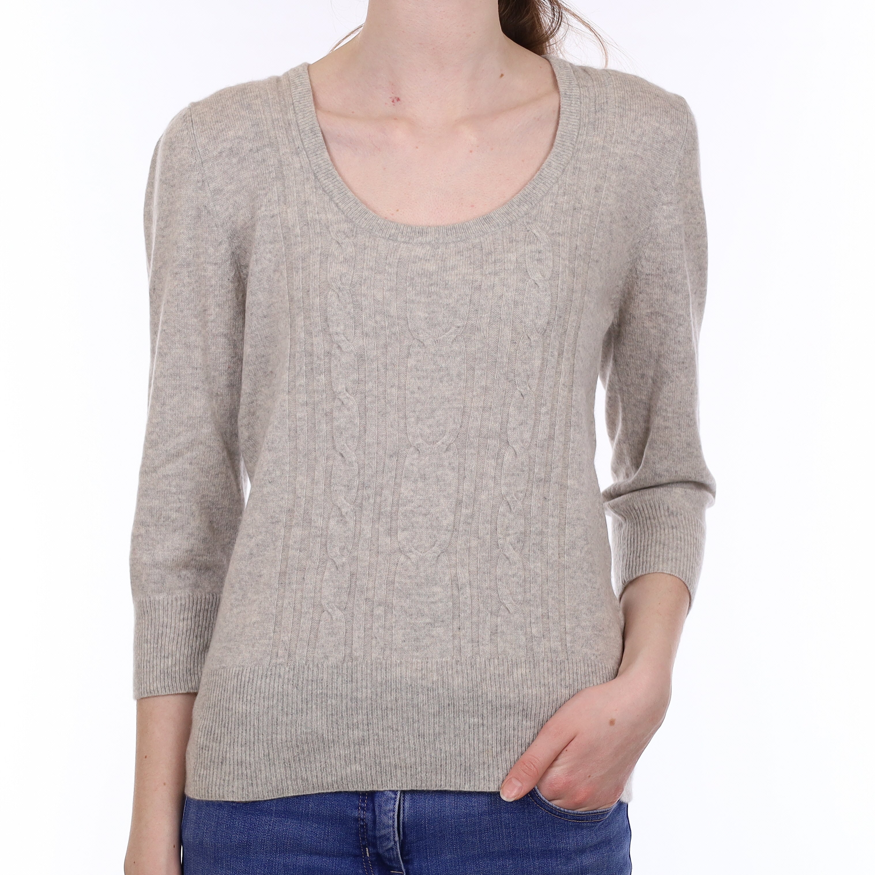 Mist Grey Cable Front Cashmere Scoop Neck Jumper Extra Small