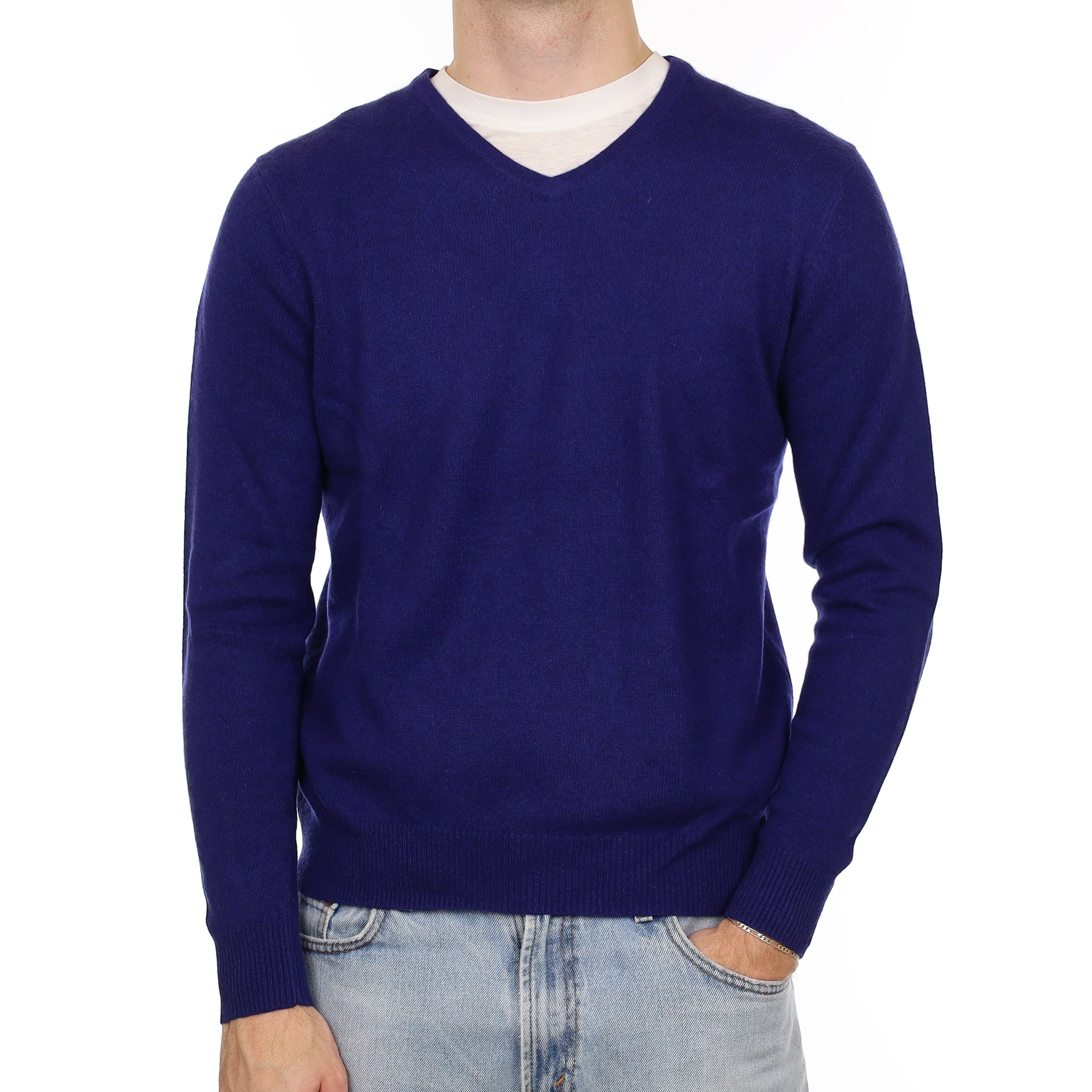 Men's Indigo Blue Cashmere V Neck Jumper Medium