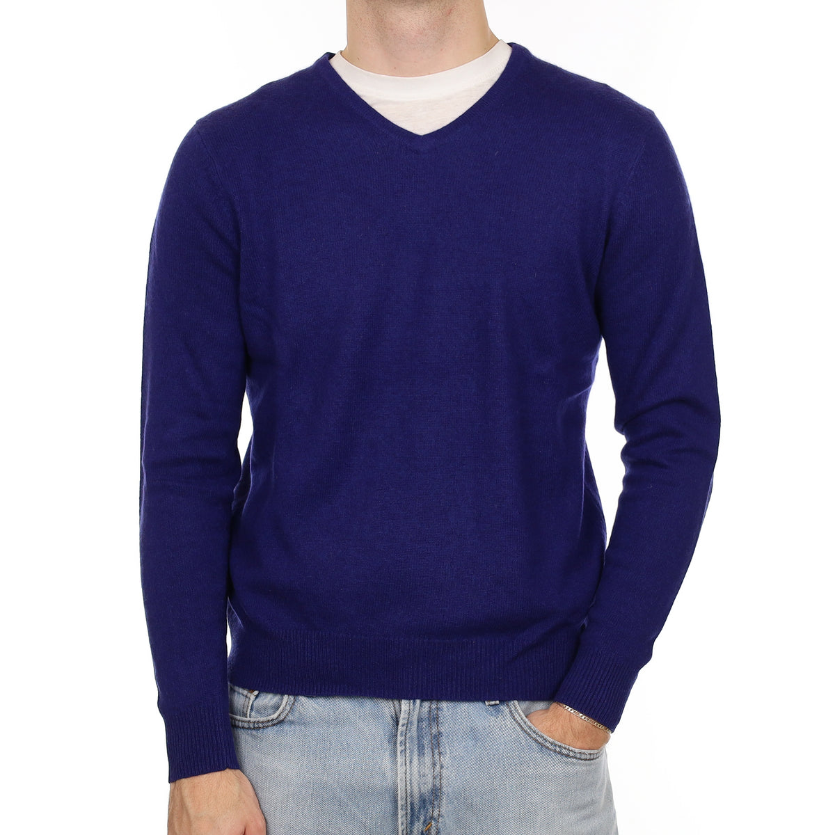 Men's Indigo Blue Cashmere V Neck Jumper Medium