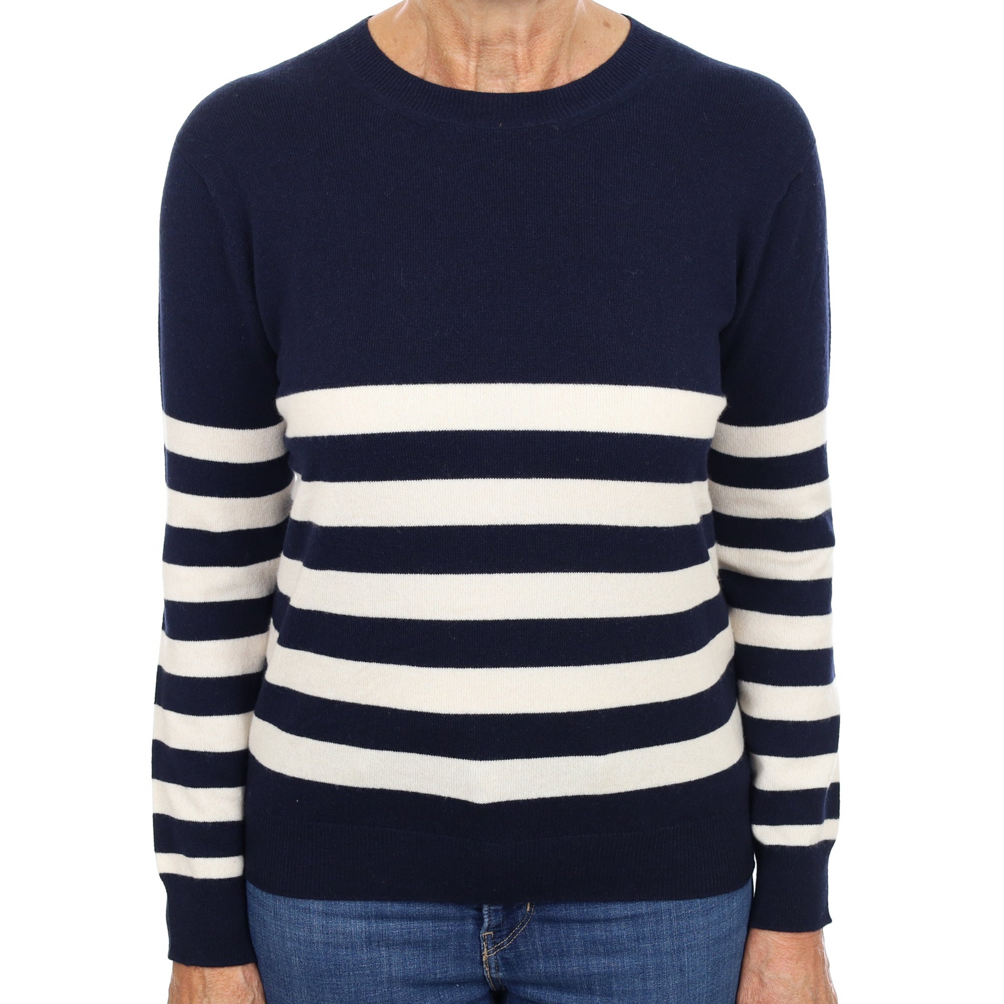 Brand New Scottish Navy Oatmeal Stripe Cashmere Crew Neck Jumper Medium