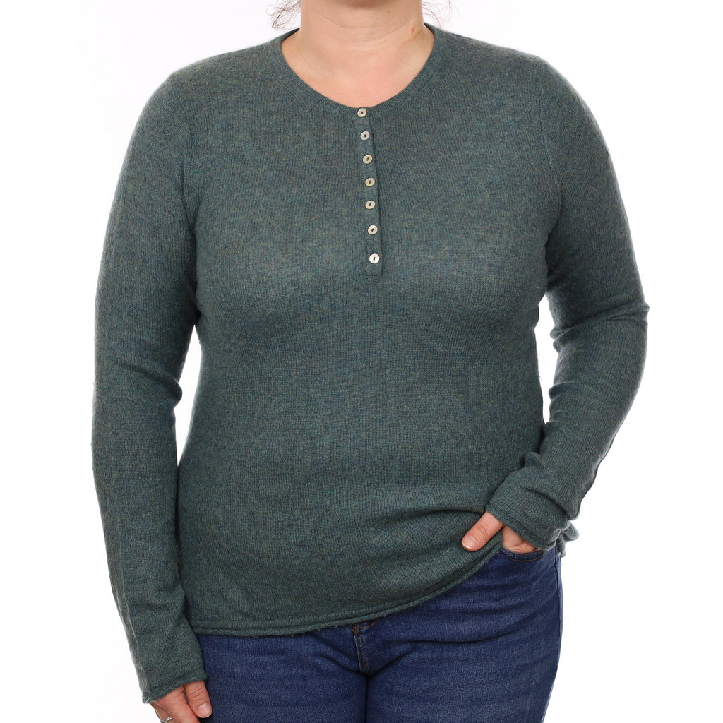 Spruce Green Cashmere Buttoned Crew Neck Jumper Large