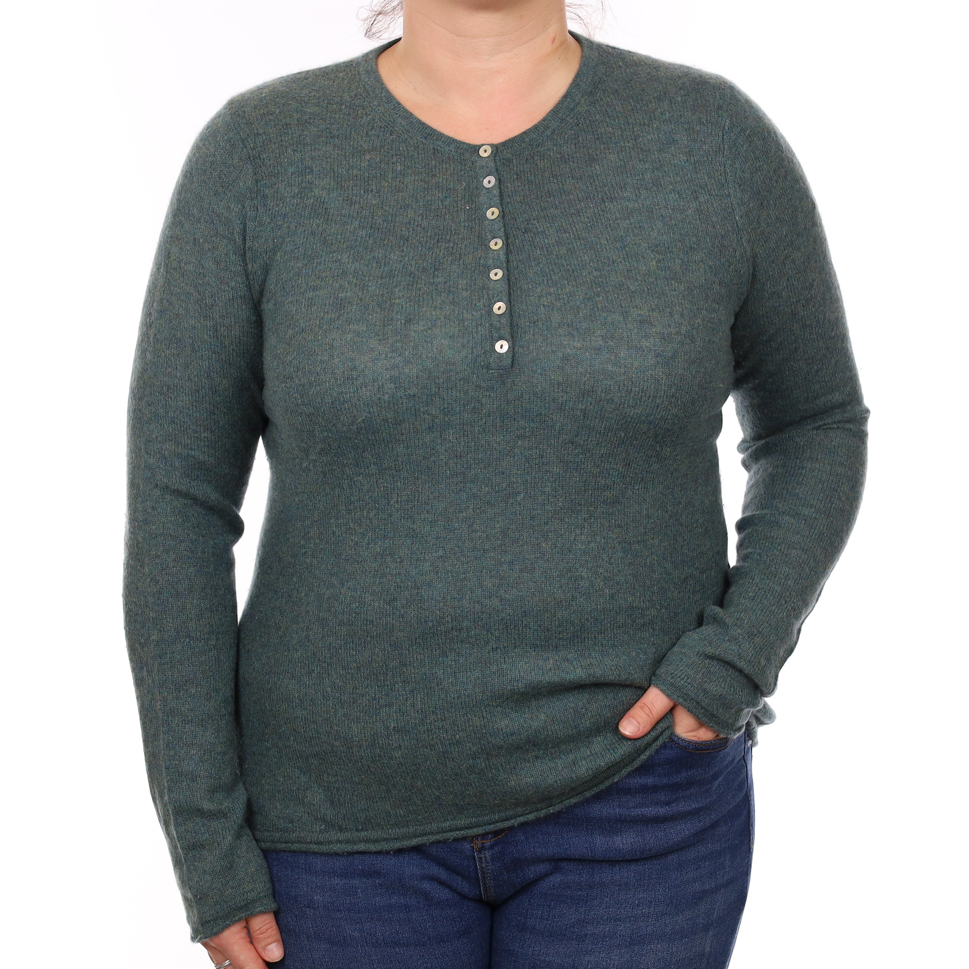 Spruce Green Cashmere Buttoned Crew Neck Jumper Large