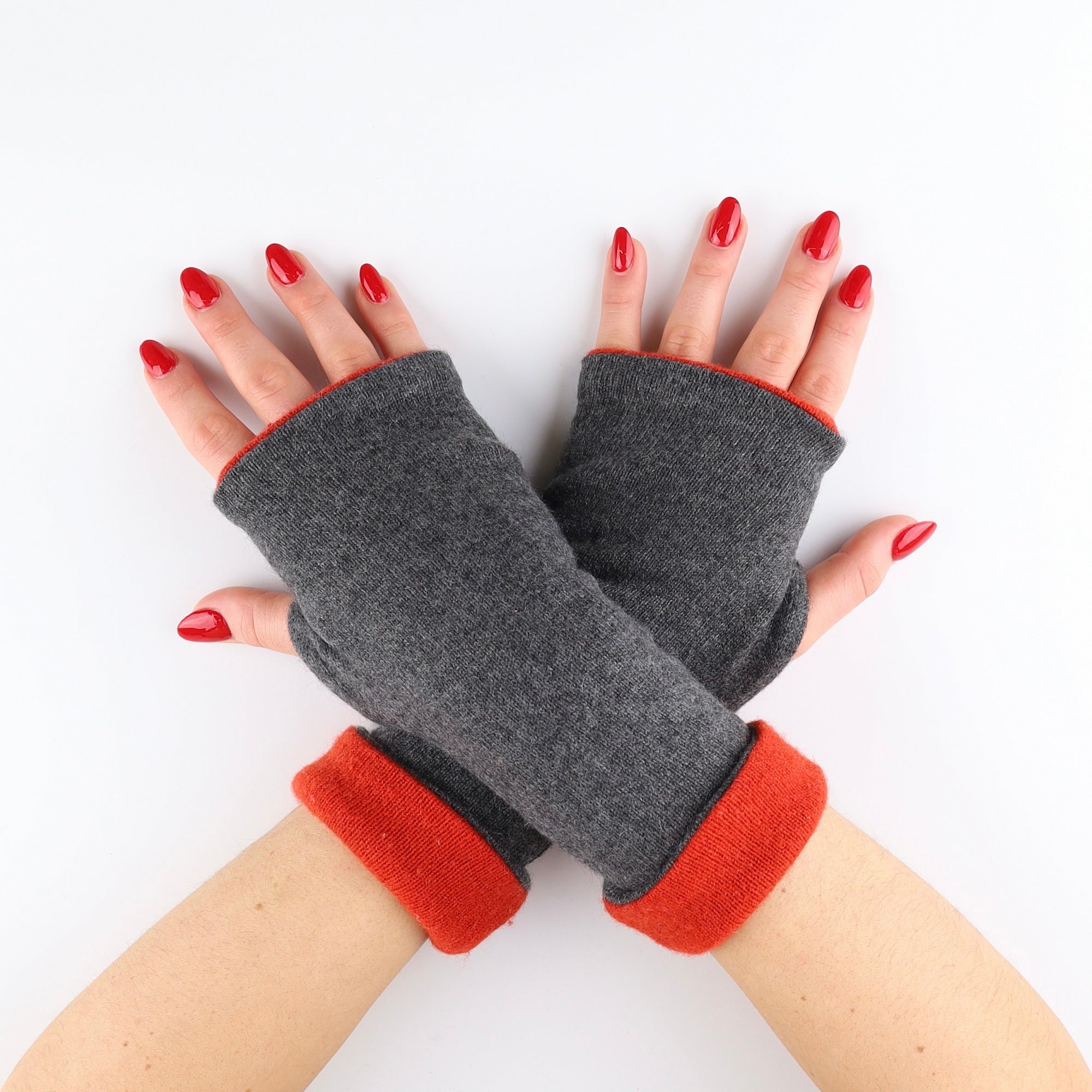Dark Ash Grey and Vermillion Red Reversible Fingerless Gloves
