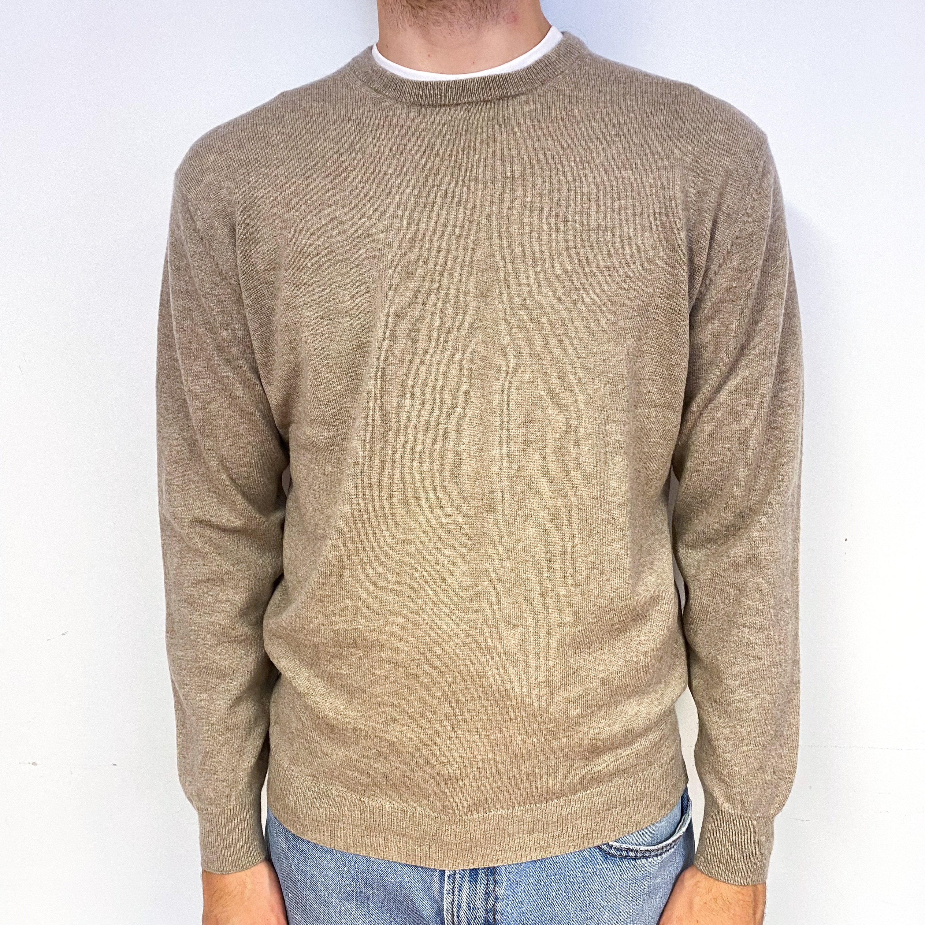 Men's Taupe Brown Cashmere Crew Neck Jumper Medium
