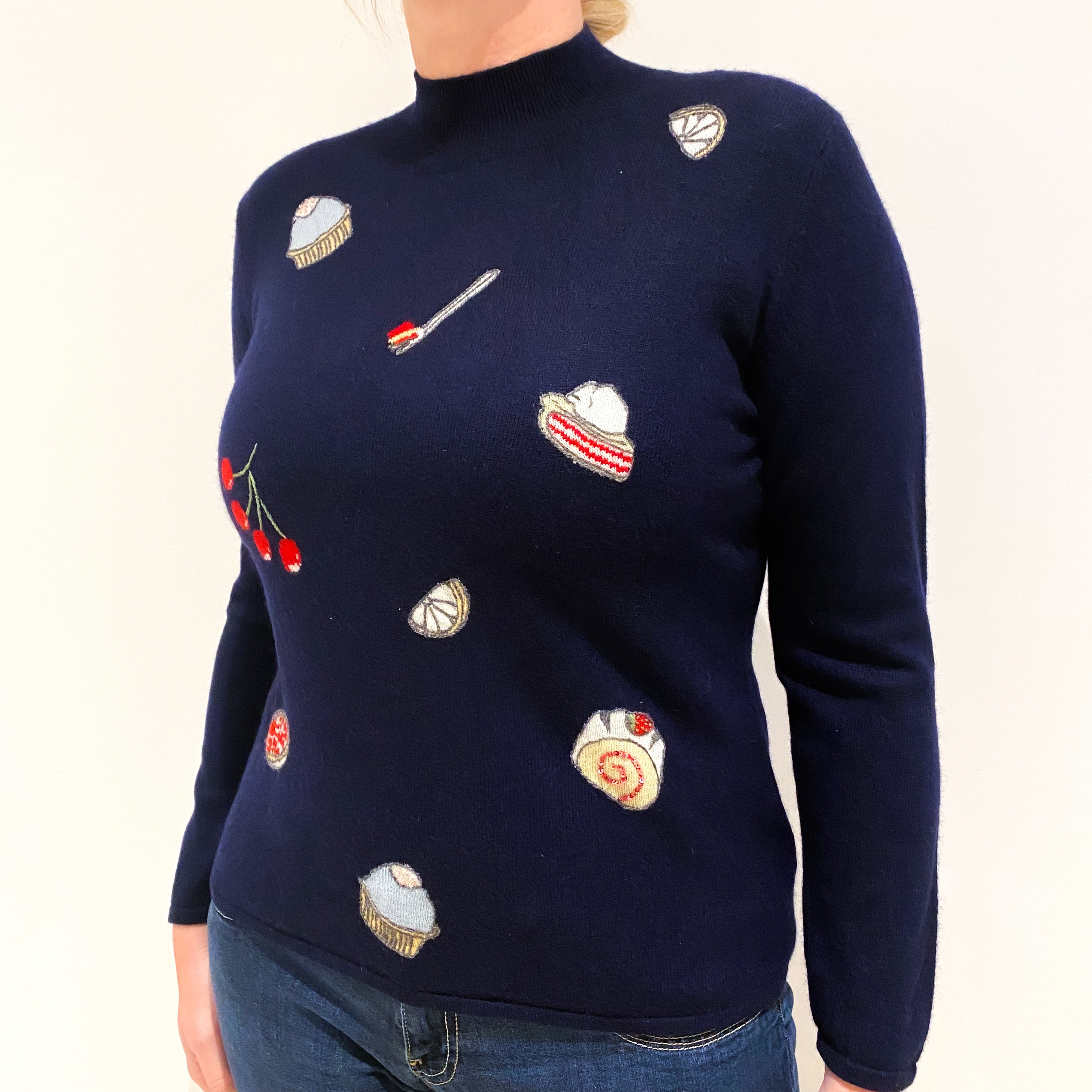 Navy Blue Food Motifs Cashmere Turtle Neck Jumper Large