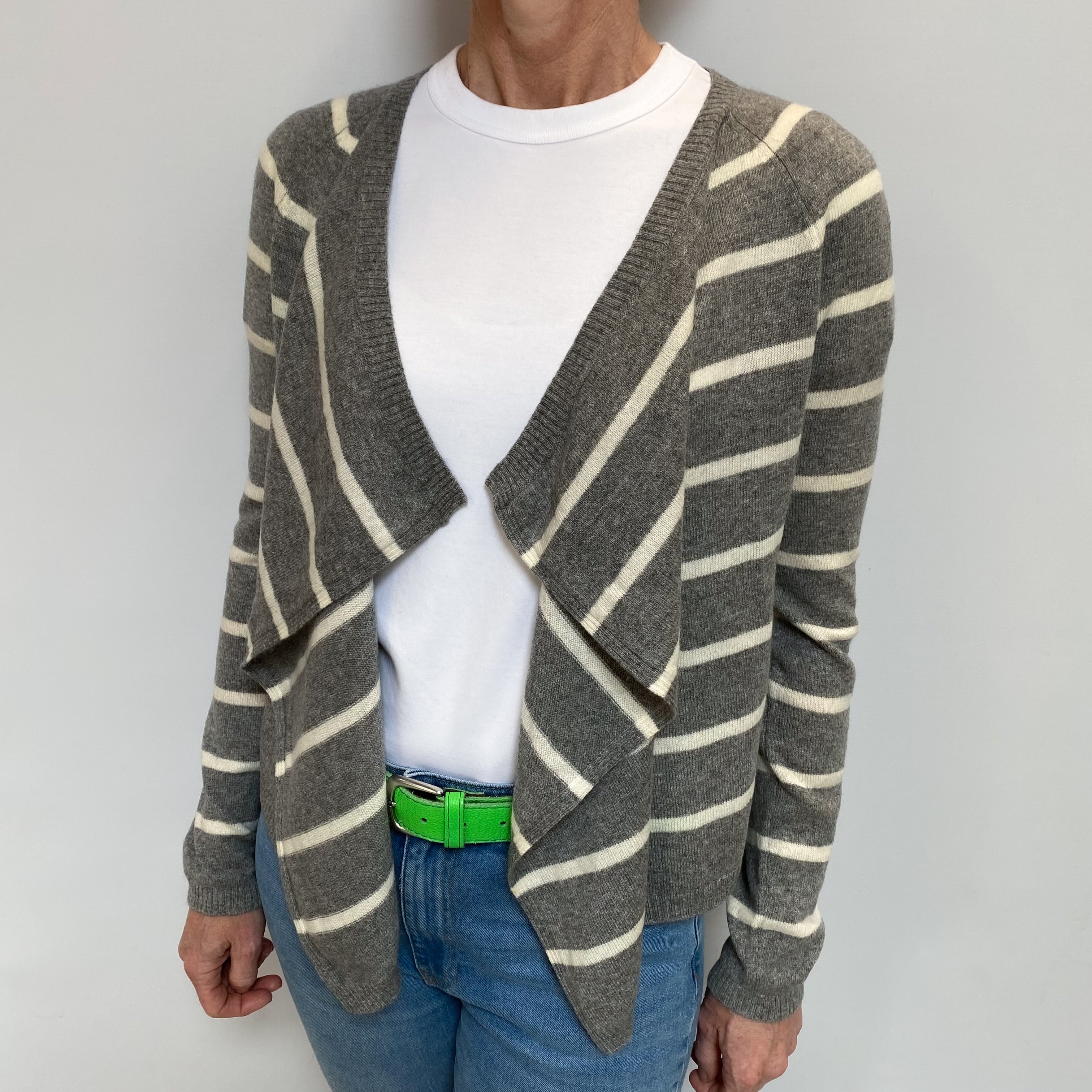 Smoke Grey Striped Cashmere Waterfall Cardigan Small