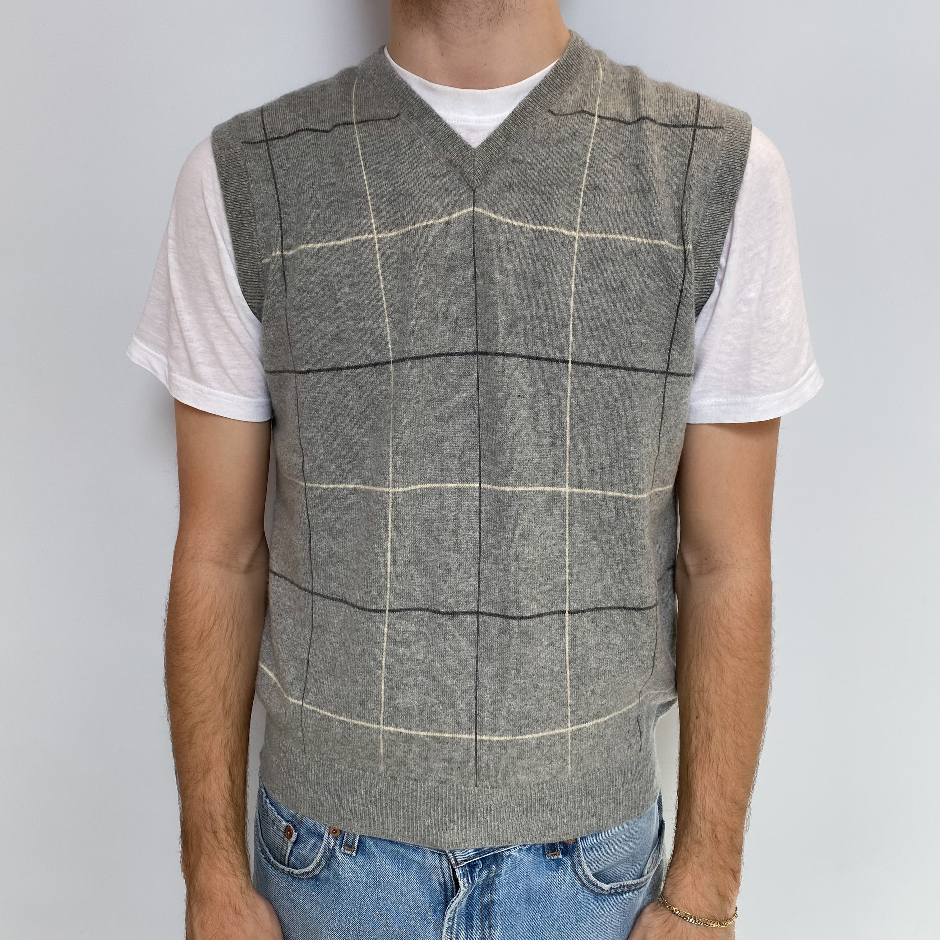 Men's Smoke Grey Checked Cashmere V Neck Tank Top Large