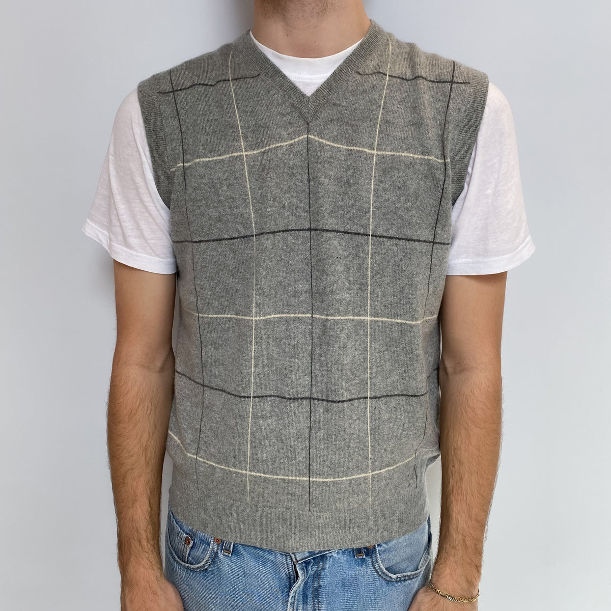 Men's Smoke Grey Checked Cashmere V Neck Tank Top Large
