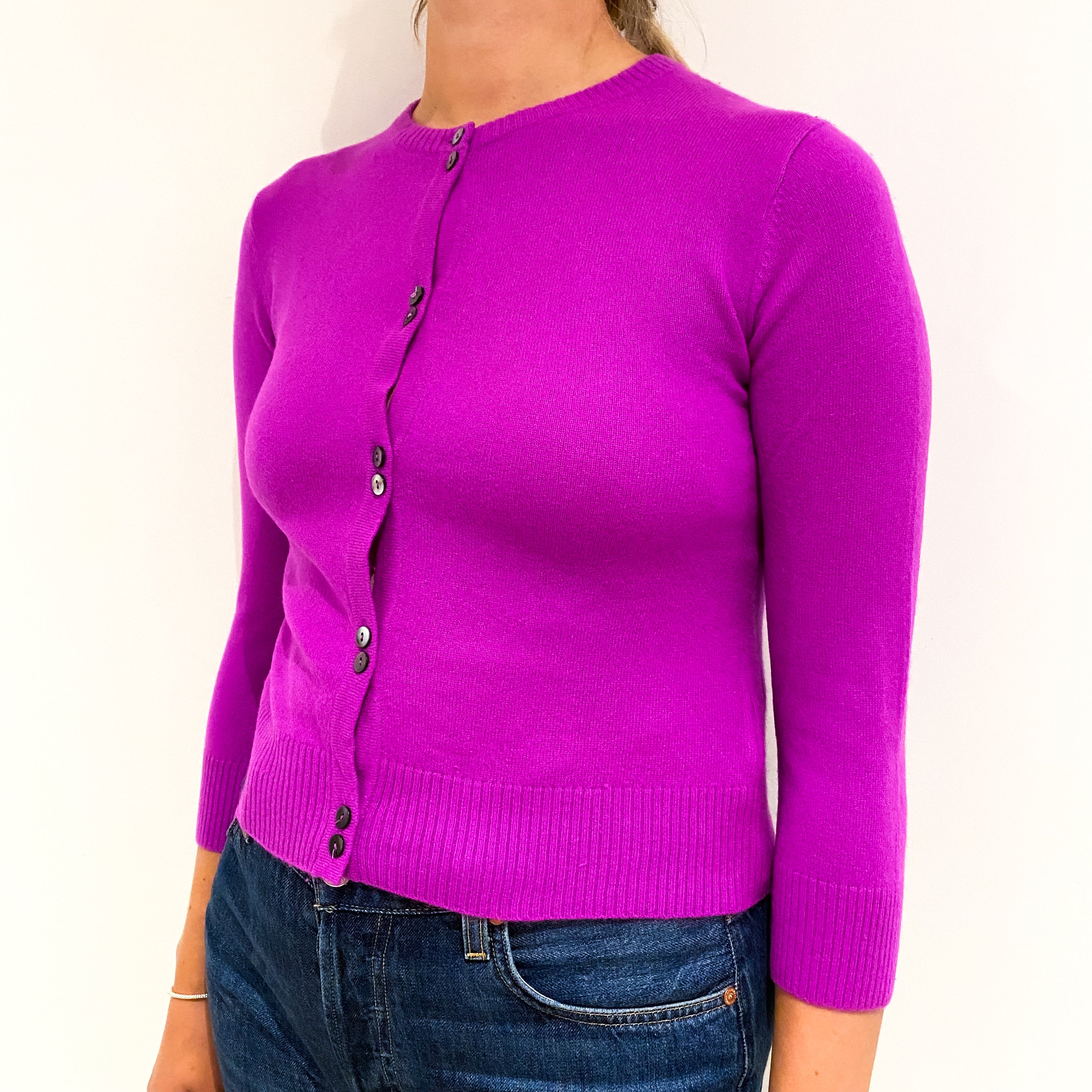 Pure Magenta Pink 3/4 Sleeved Cashmere Crew Neck Cardigan Small