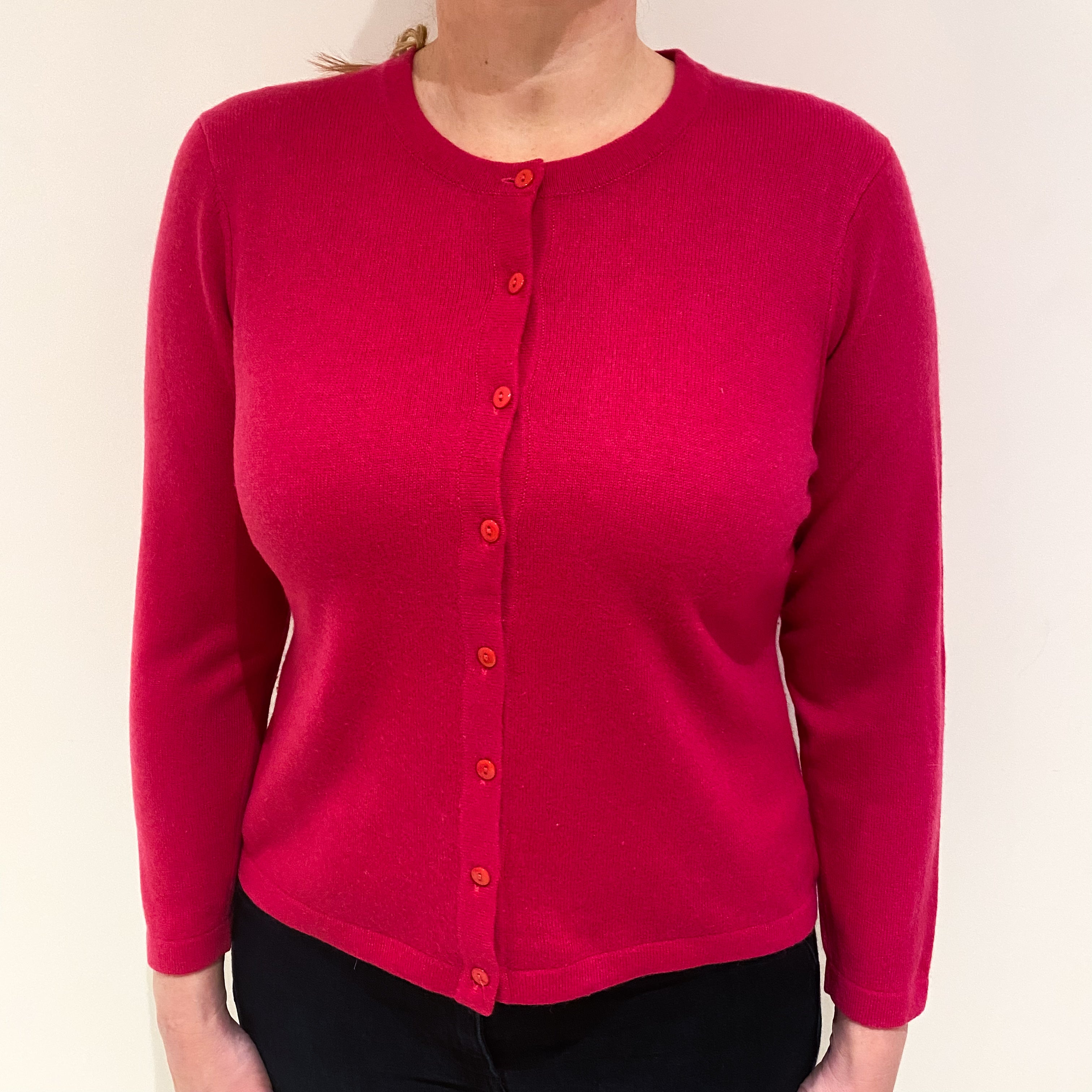 Hot Pink Cashmere Crew Neck Cardigan Large