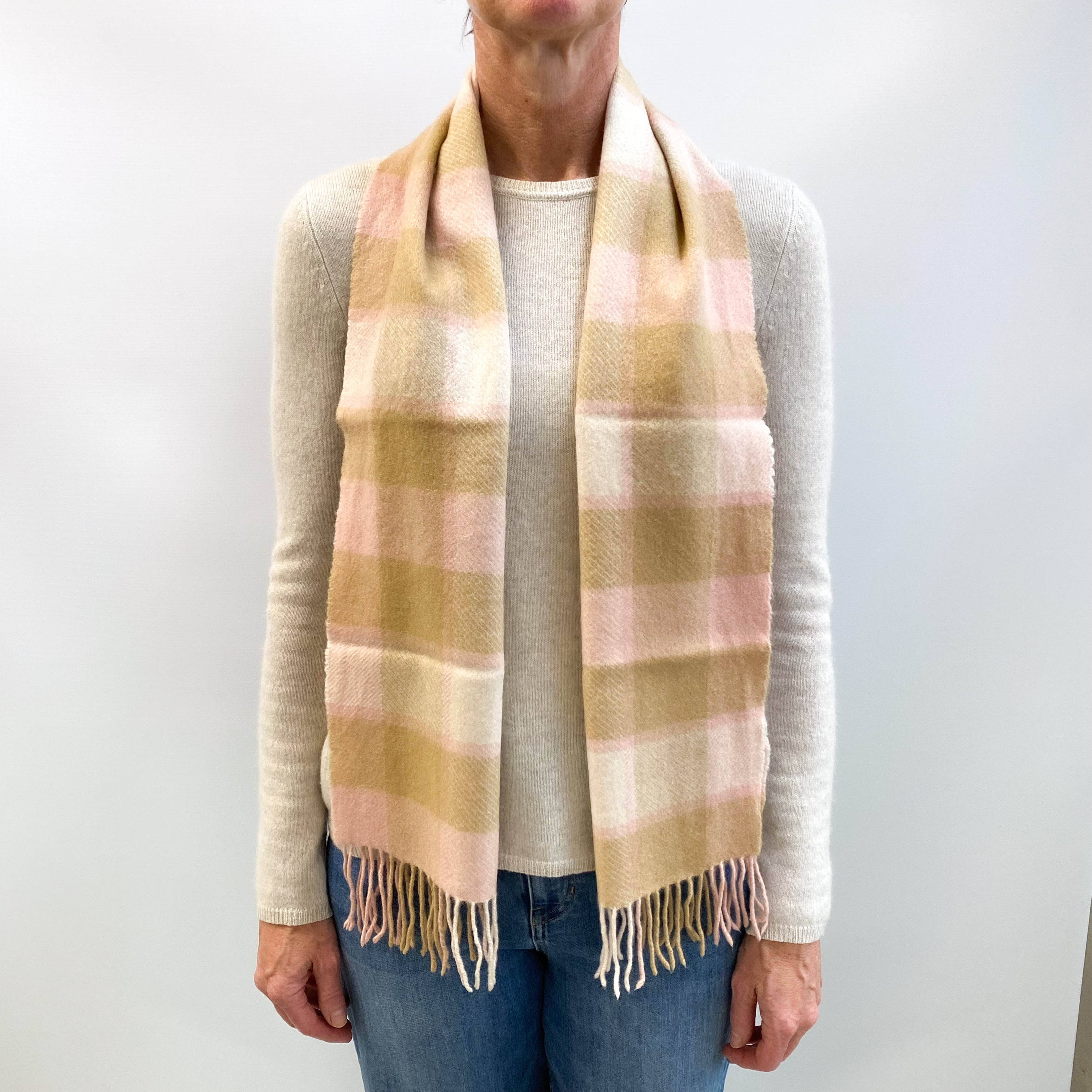 Camel and Pink Checked Fringed Cashmere Woven Scarf