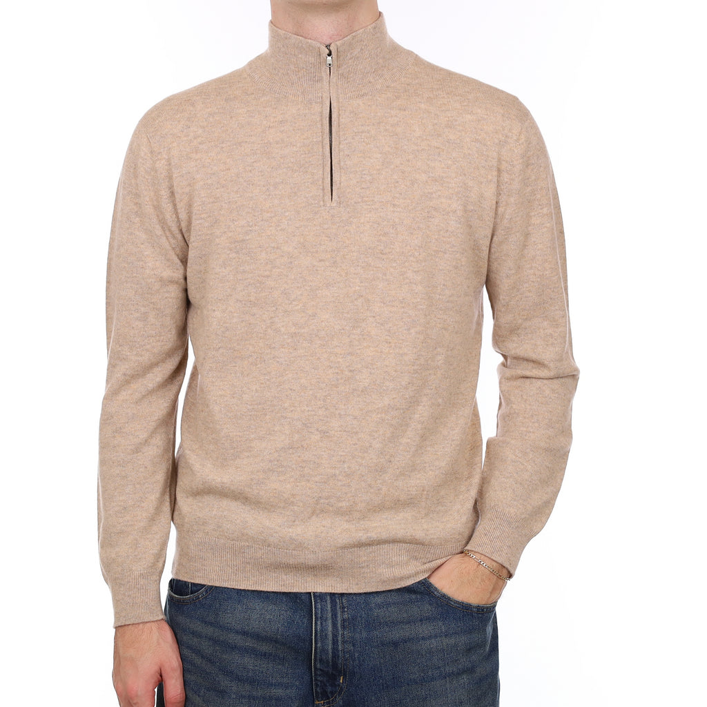 Men’s Brand New Scottish Biscuit Brown Marl Cashmere 1/4 Zip Jumper Medium