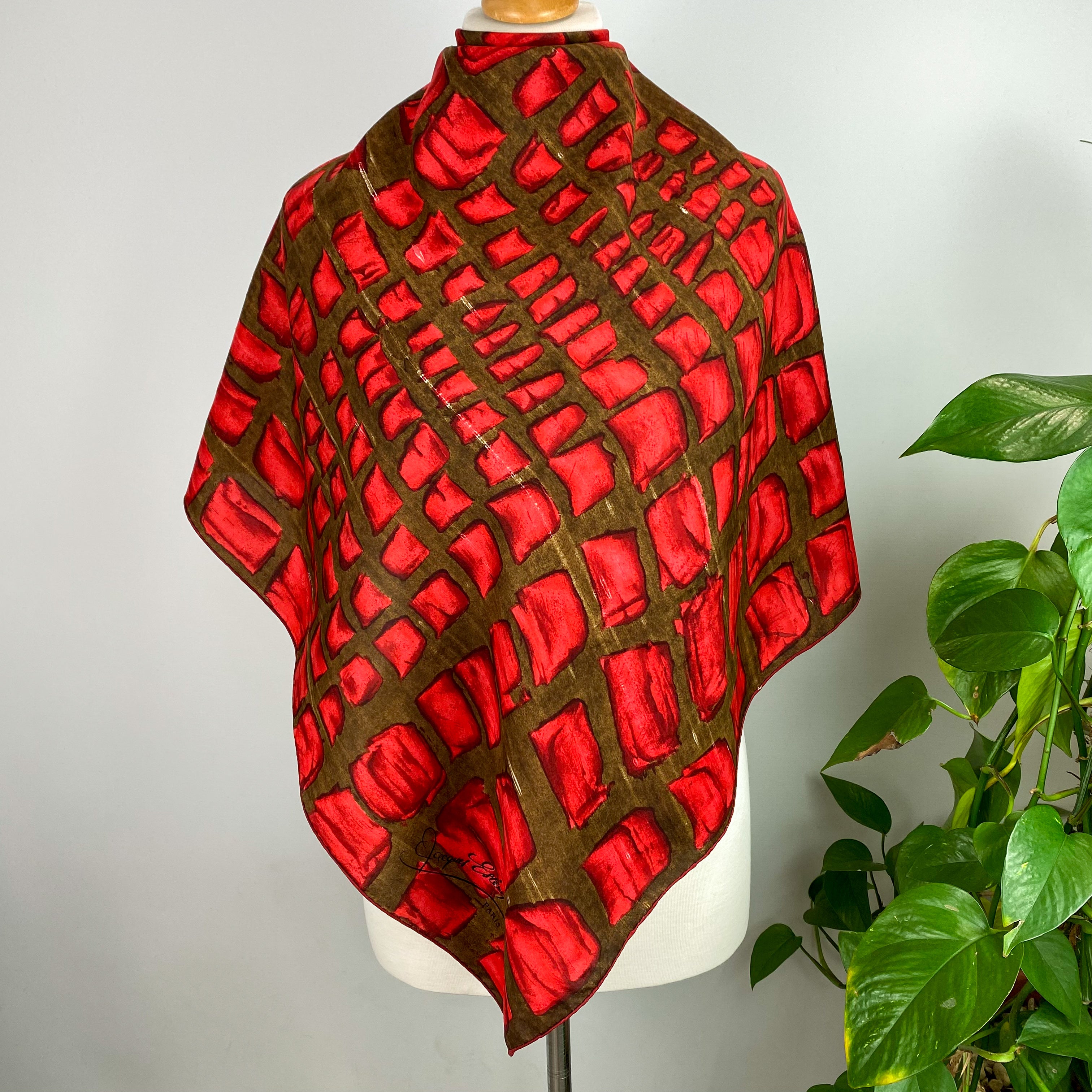 80’s Jacques Esterel French Red and Brown Silk Scarf