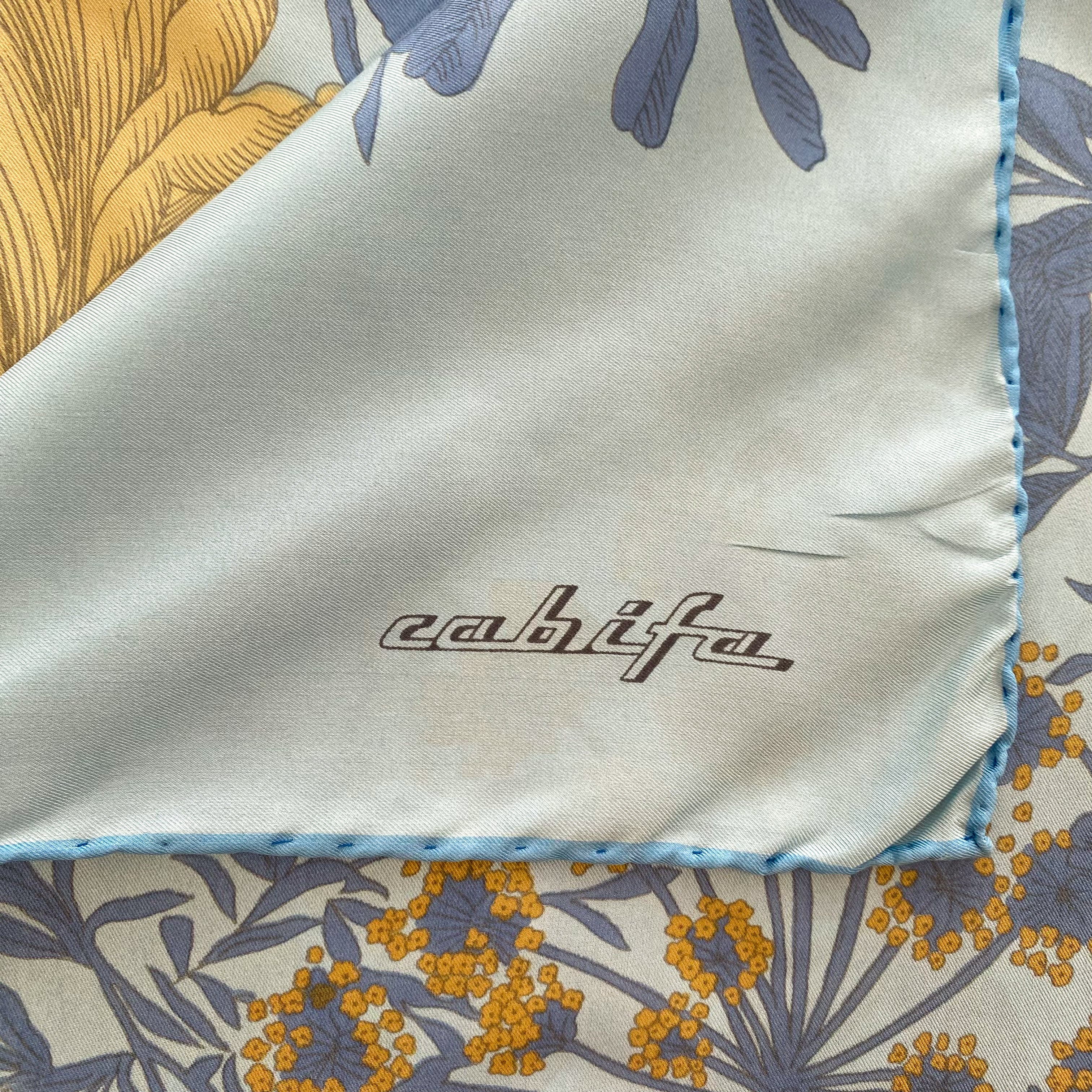 Blue and Yellow Floral Vintage Silk Scarf
