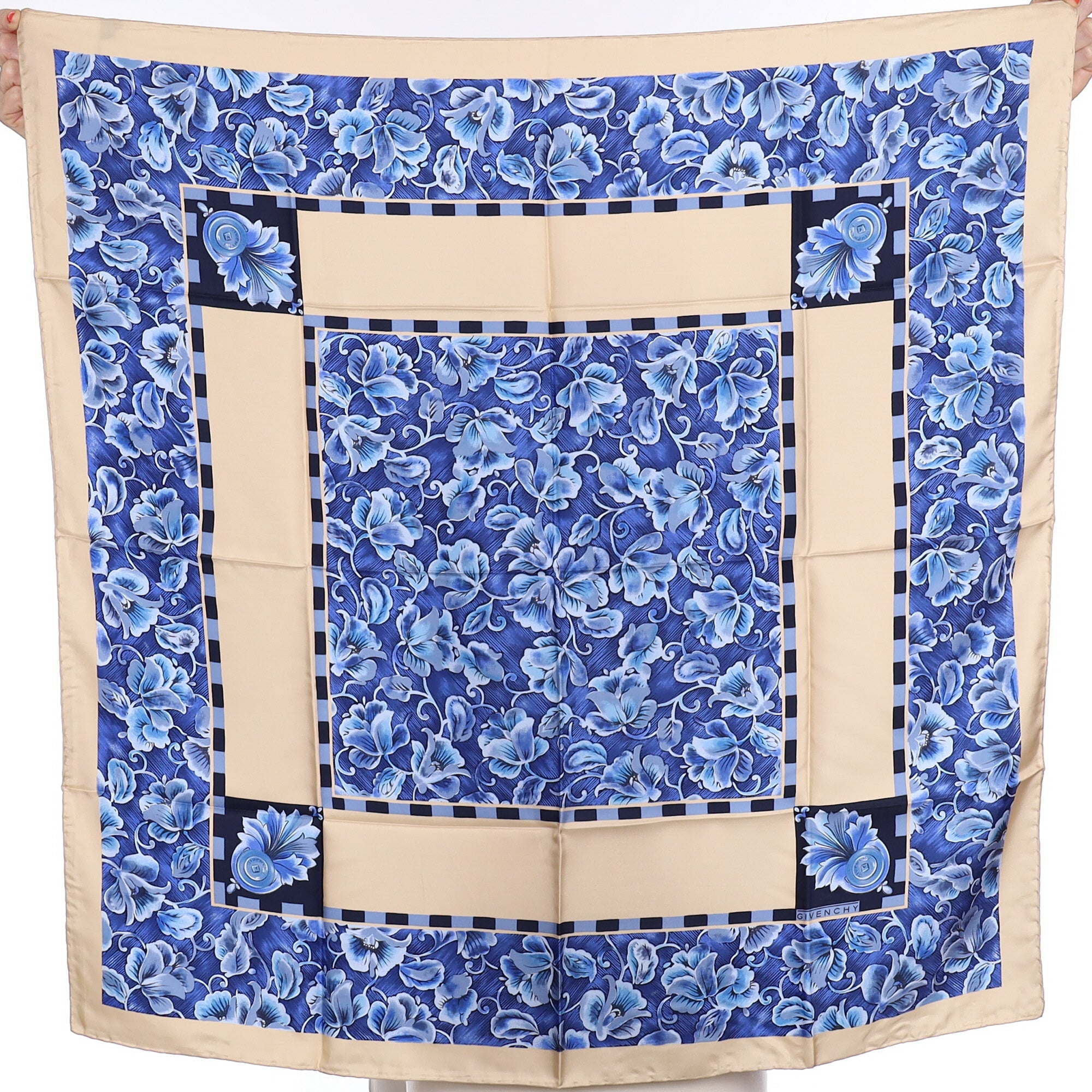 Brand New Boxed 1980’s Givenchy Blue and Beige Vintage Silk Scarf