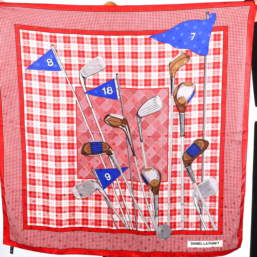 Immaculate Daniel La Foret Golf Themed Red and White Silk Scarf