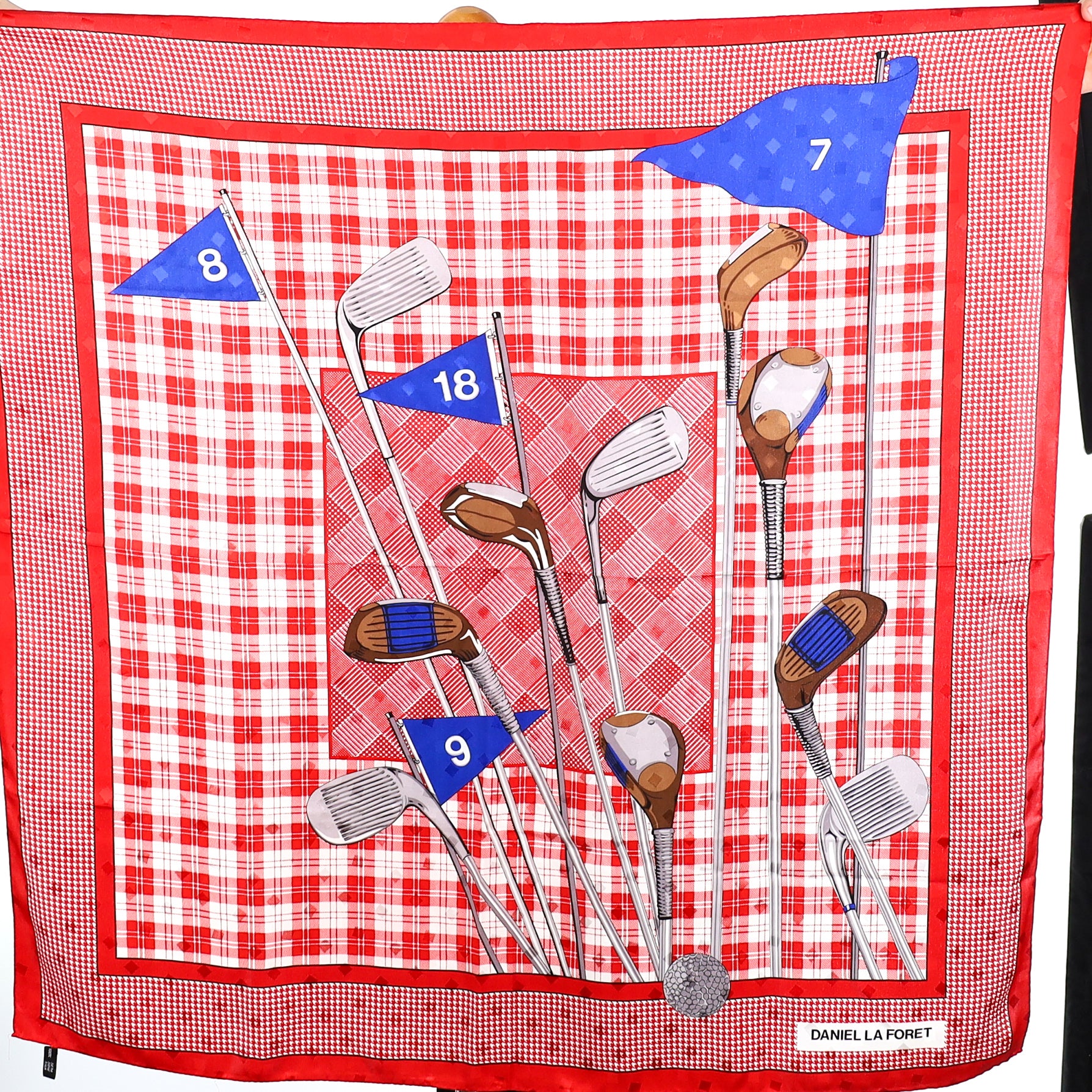 Immaculate Daniel La Foret Golf Themed Red and White Silk Scarf