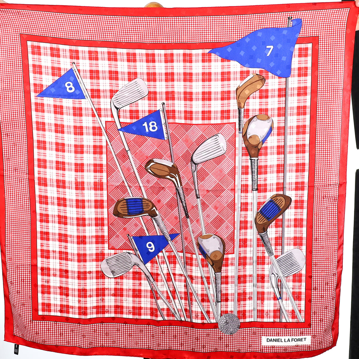 Immaculate Daniel La Foret Golf Themed Red and White Silk Scarf