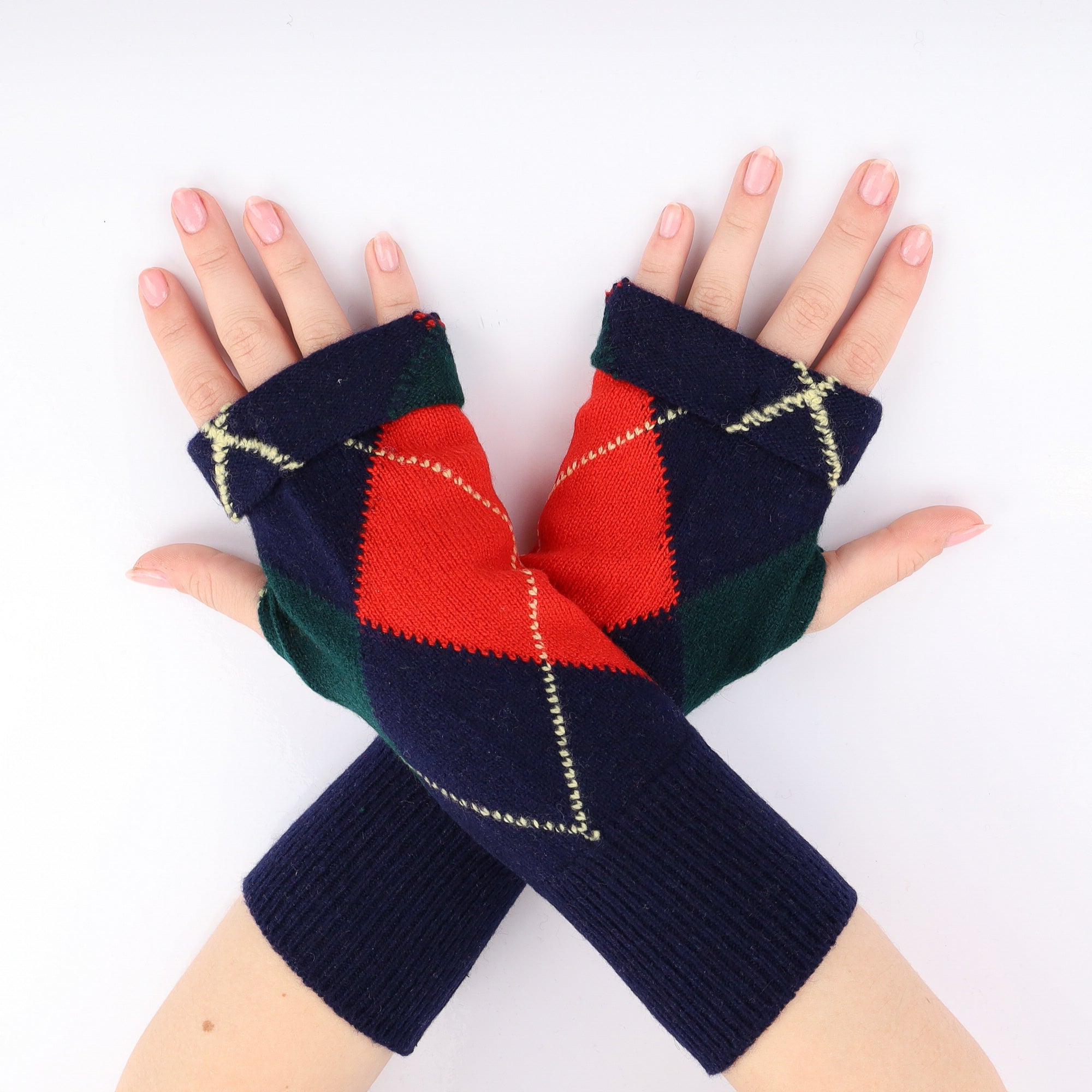 Navy and Red Diamond Fingerless Gloves