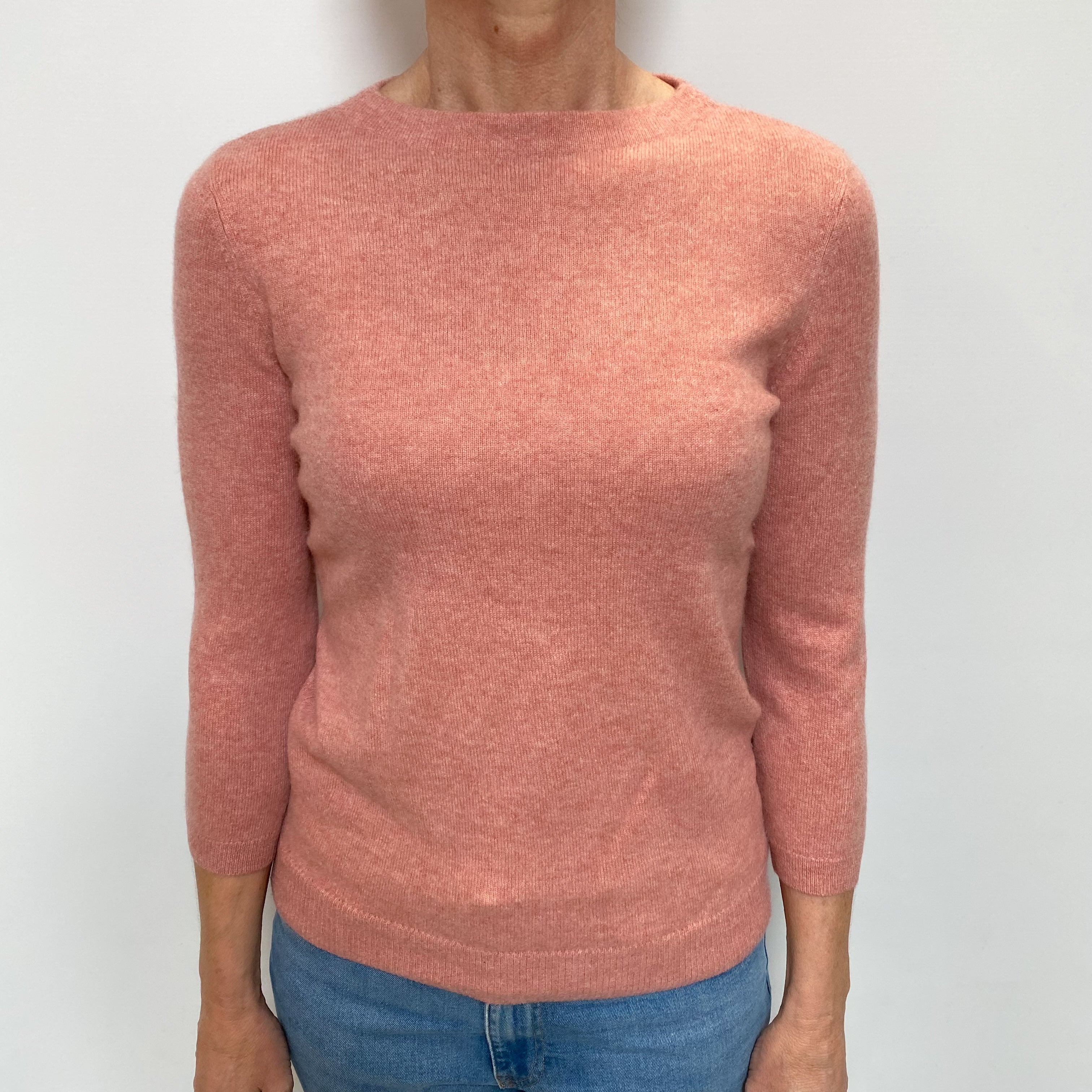 Salmon Pink Cashmere High Crew Neck Jumper Small