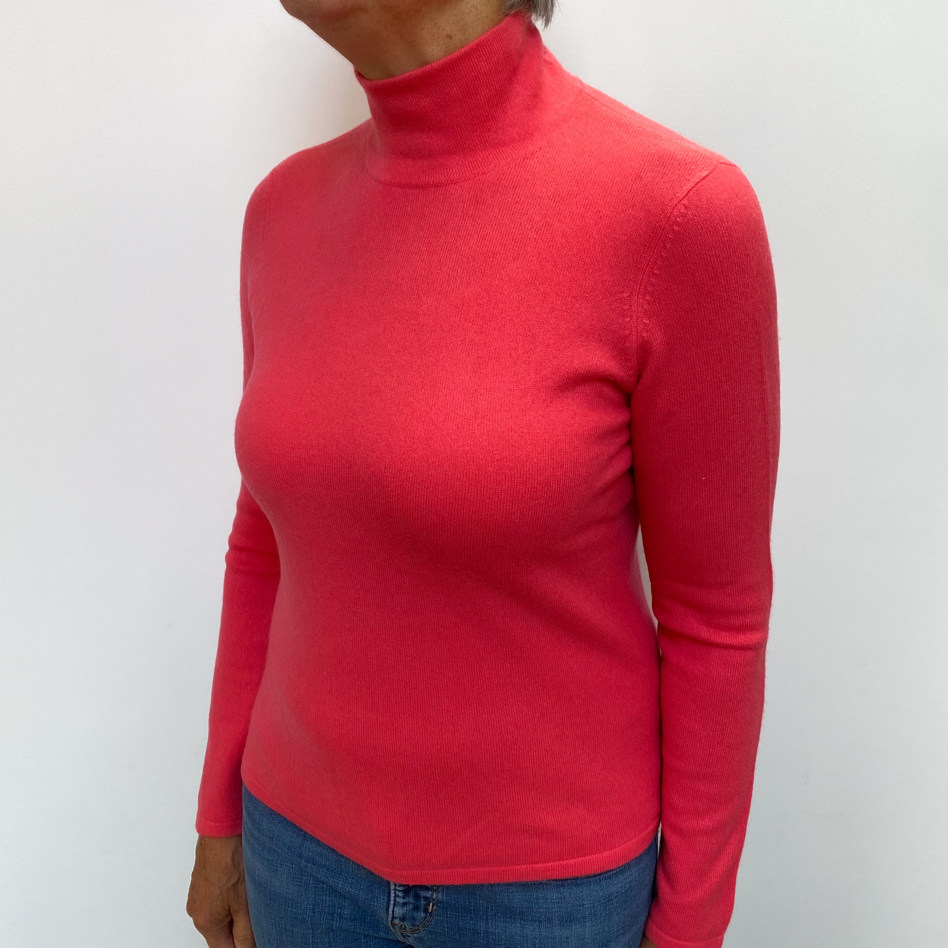 Deep Coral Pink Cashmere Polo Neck Jumper Medium