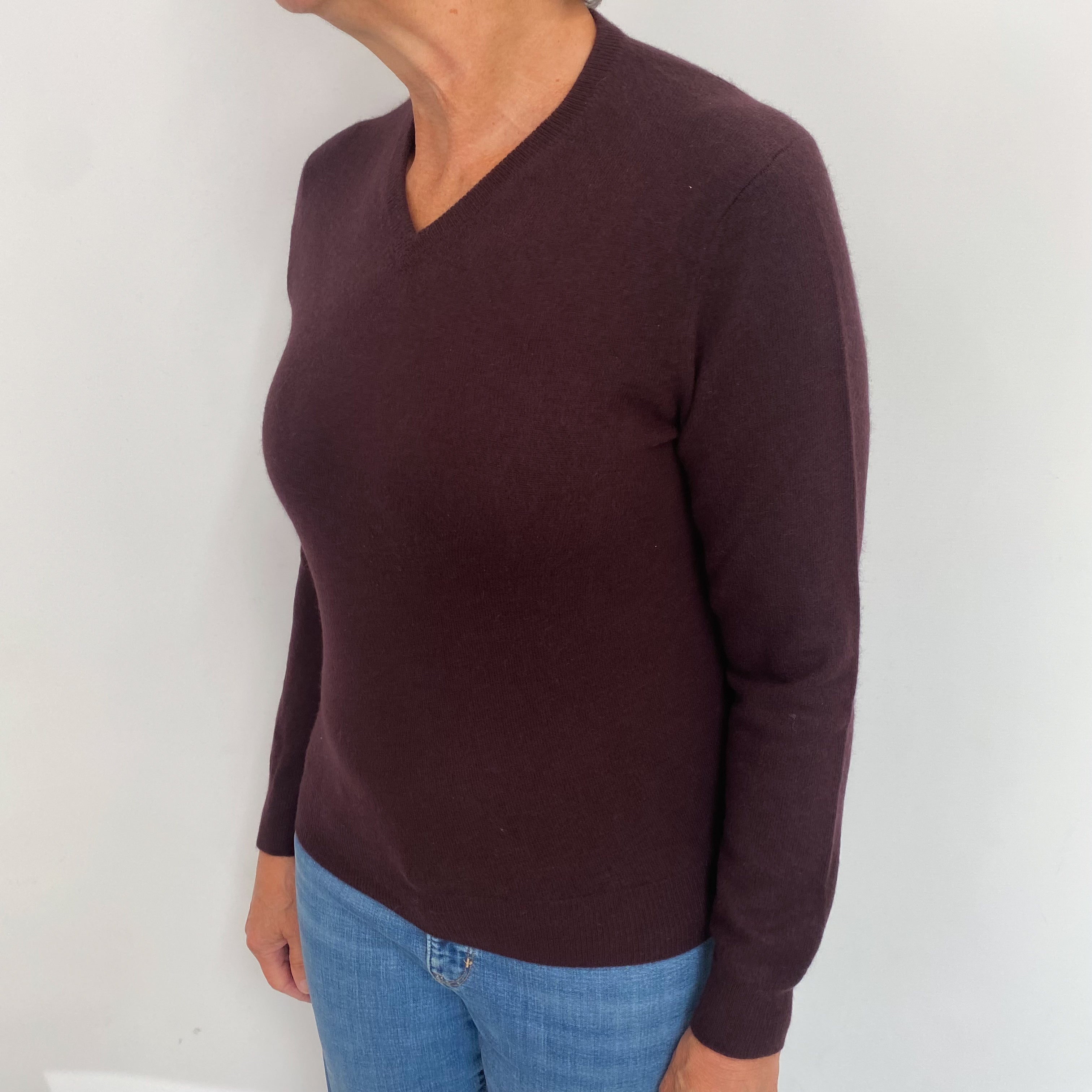 Aubergine Purple Cashmere V Neck Jumper Medium