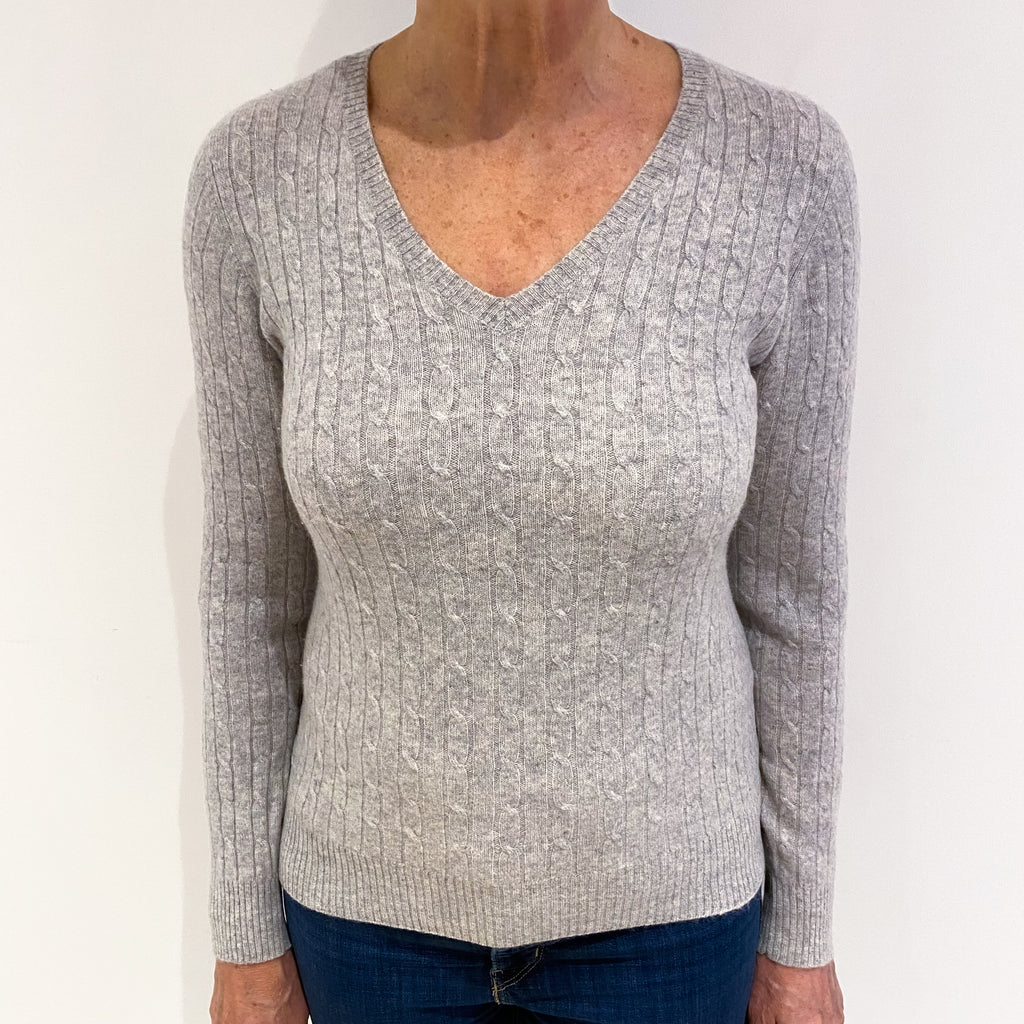 Smoke Grey Cable Cashmere V Neck Jumper Medium