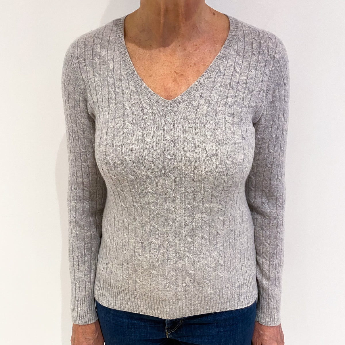 Smoke Grey Cable Cashmere V Neck Jumper Medium