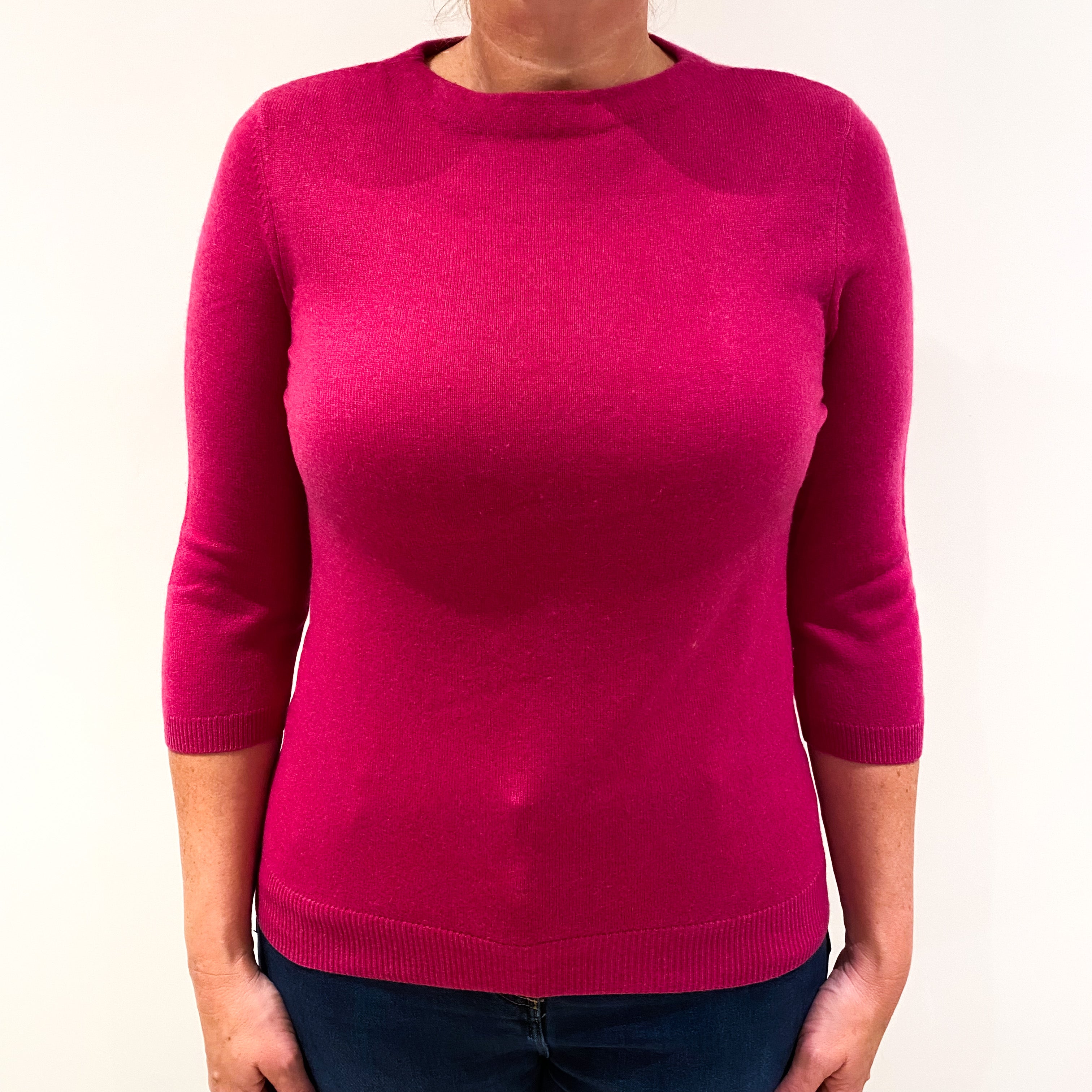 Magenta Pink 3/4 Sleeved Cashmere Crew Neck Jumper Large Petite