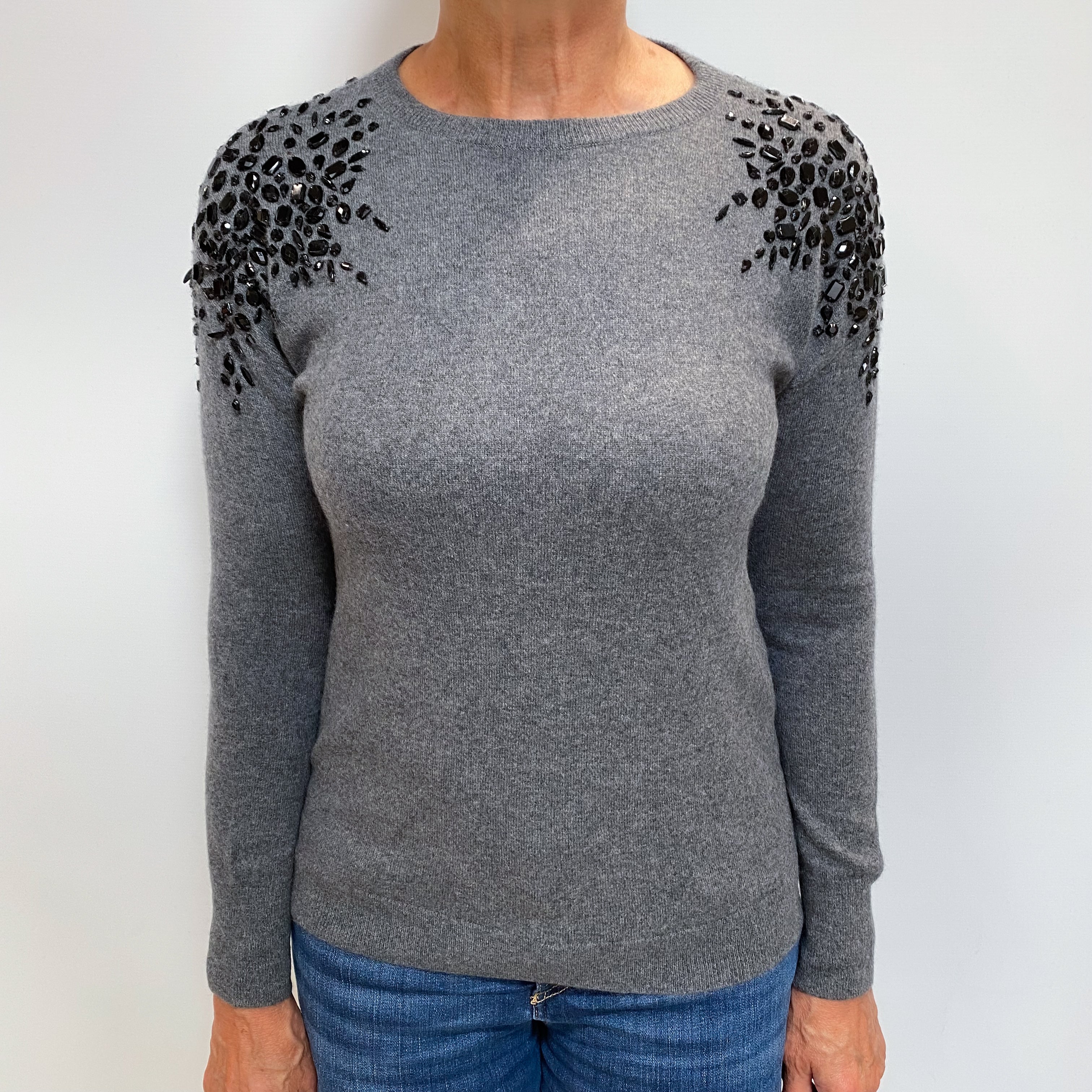 Neiman Marcus Slate Grey Embellished Cashmere Crew Neck Jumper Medium