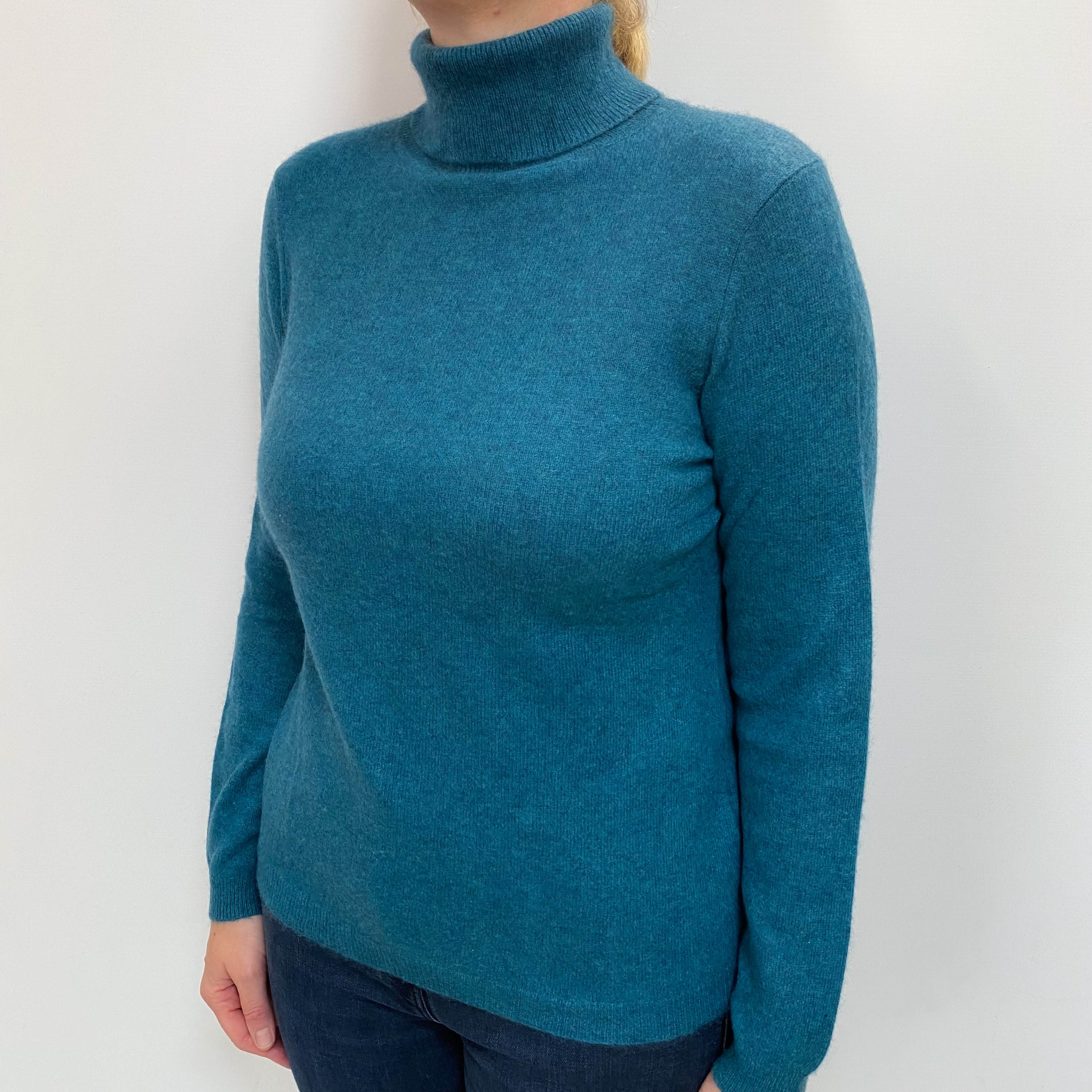 Deep Teal Blue Cashmere Polo Neck Jumper Large