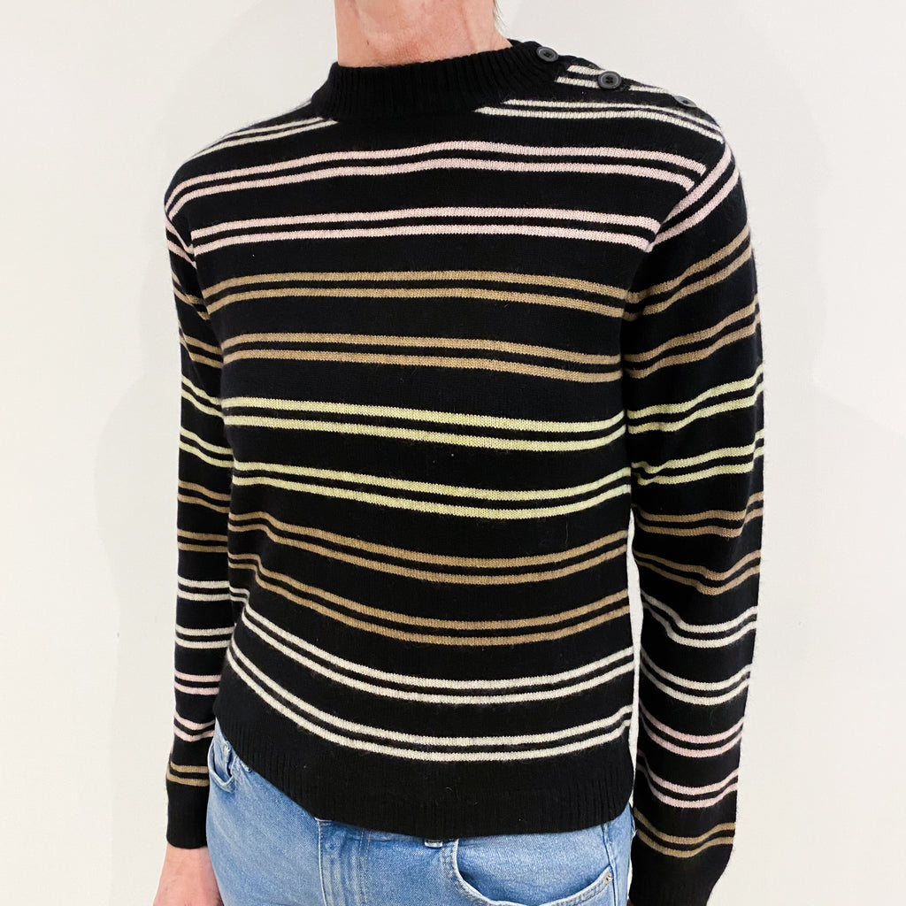 Black Striped Cashmere Crew Neck Jumper Small