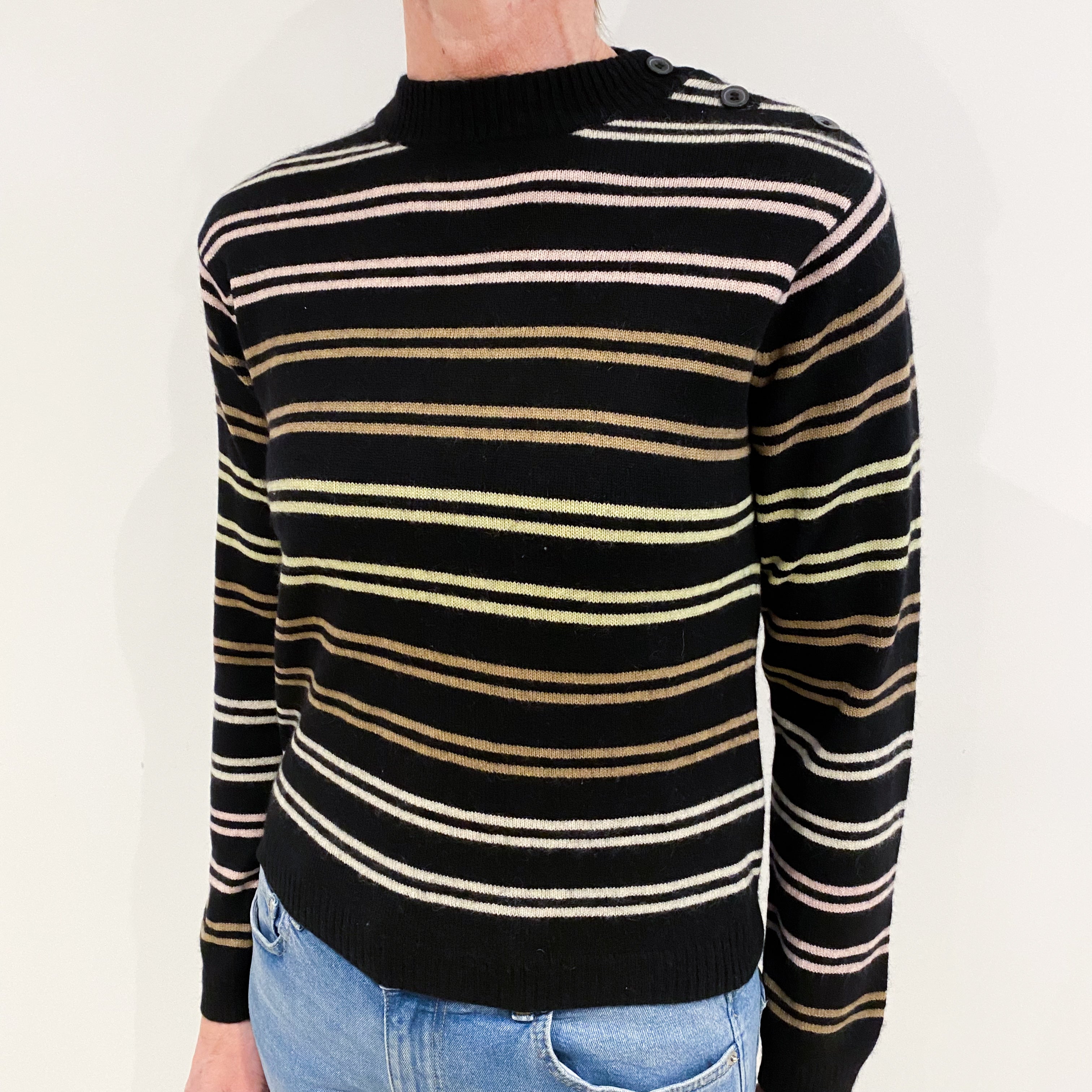 Black Striped Cashmere Crew Neck Jumper Small