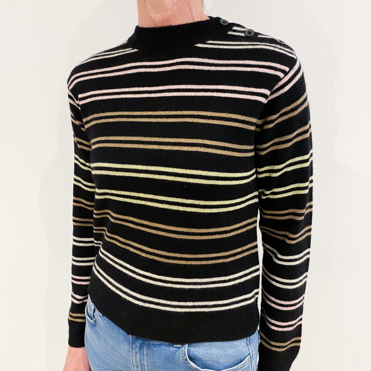 Black Striped Cashmere Crew Neck Jumper Small