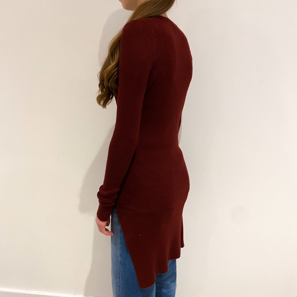 Burgundy Red Dropped Hem Cashmere V Neck Cardigan Extra Small