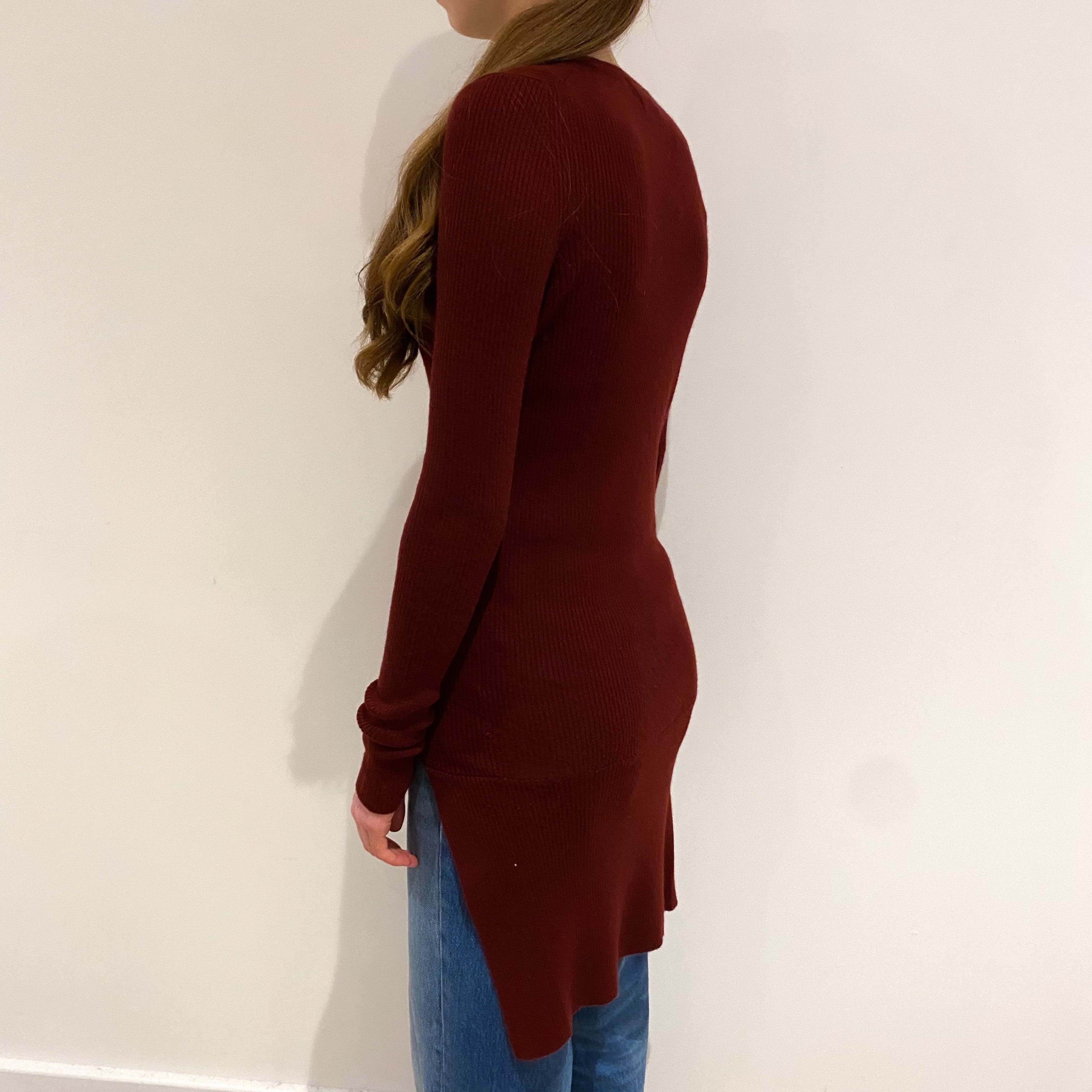 Burgundy Red Dropped Hem Cashmere V Neck Cardigan Extra Small