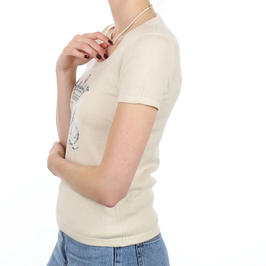 Ivory Crown Motif Cashmere Short Sleeve Scoop Neck Jumper Small
