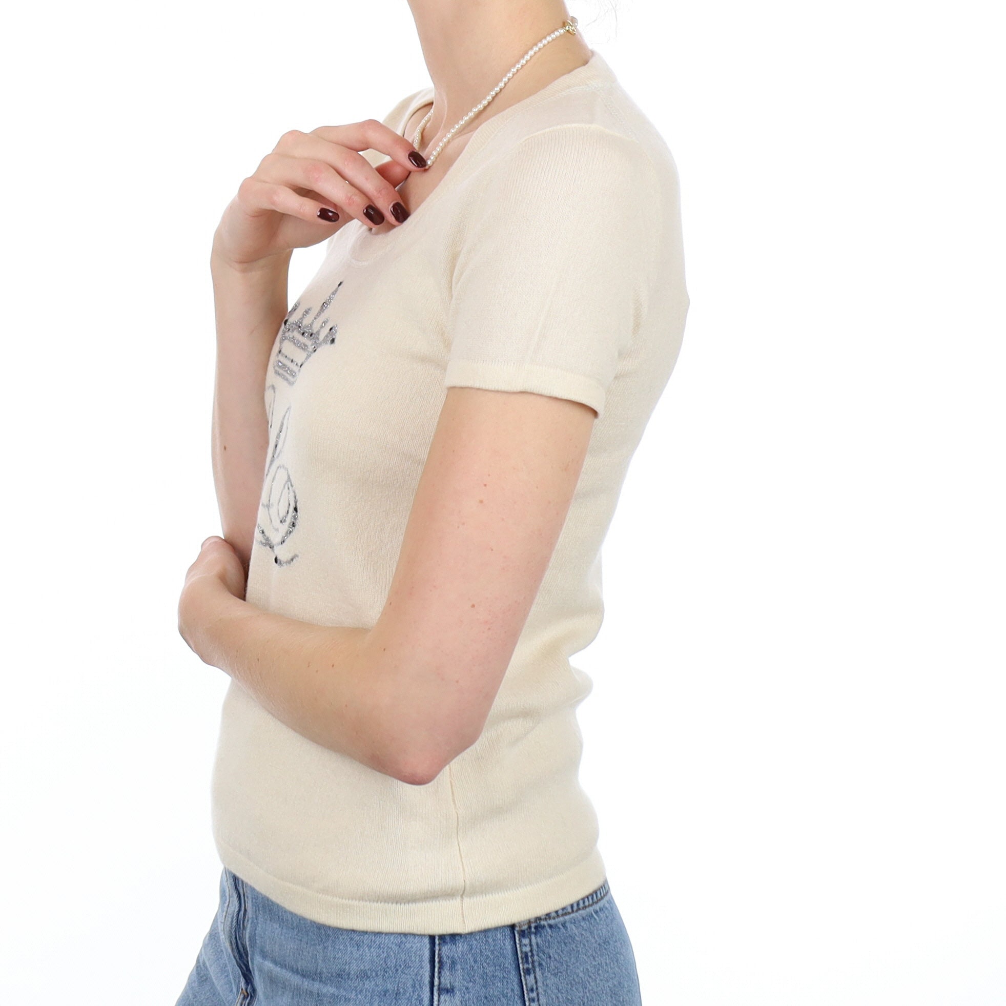 Ivory Crown Motif Cashmere Short Sleeve Scoop Neck Jumper Small